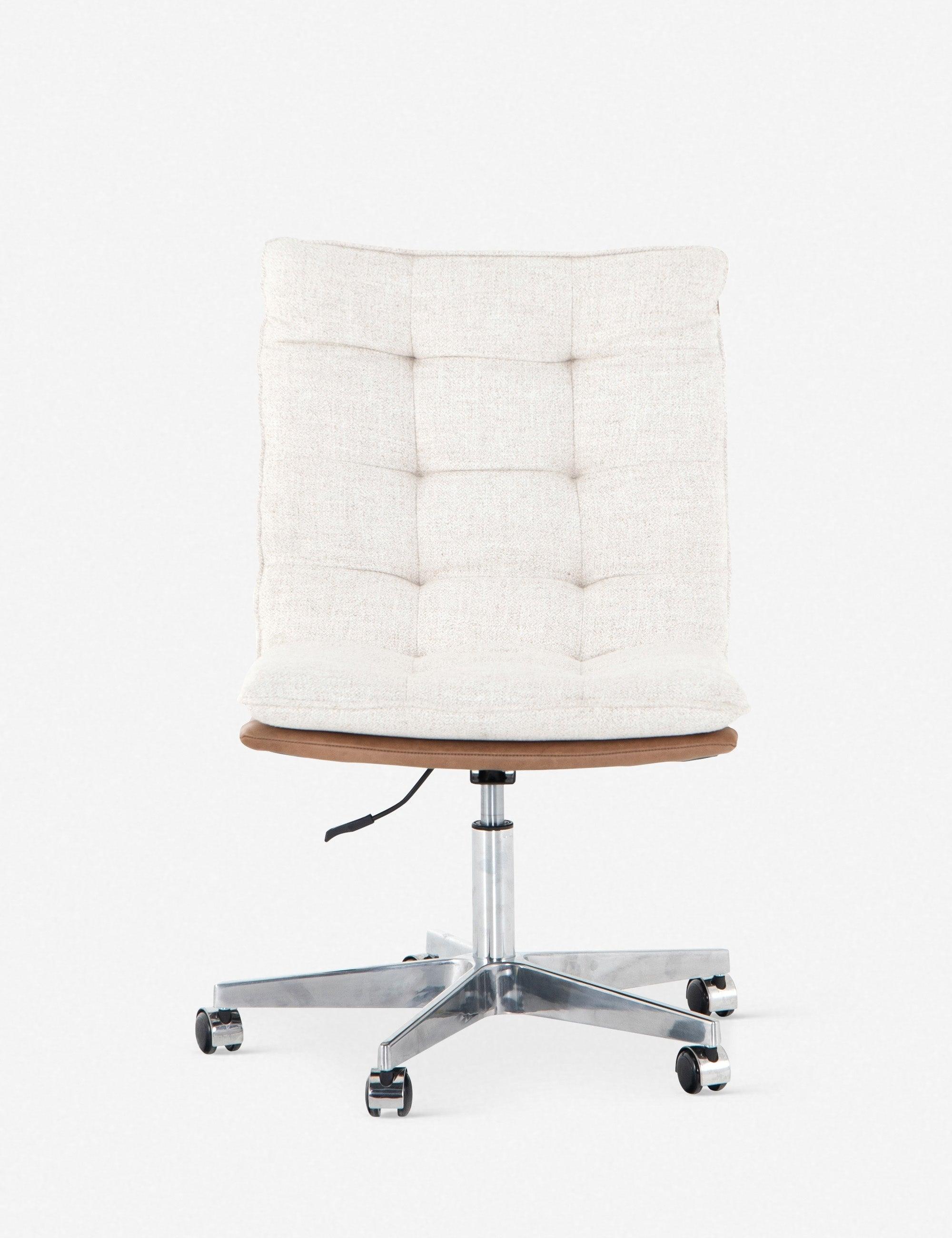 Contemporary Swivel Office Chair in Tan Leather and Cream Linen