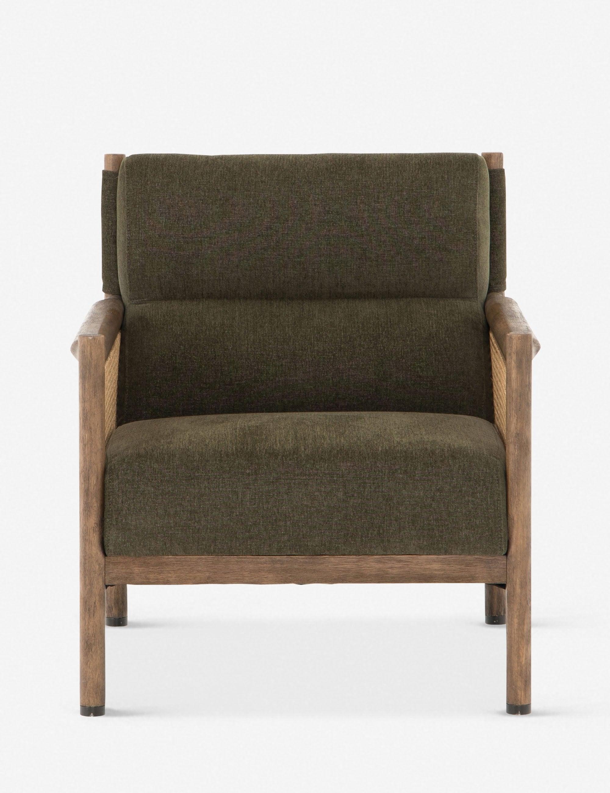 Chenille Olive Green Accent Chair with Rattan Inlay and Wooden Frame