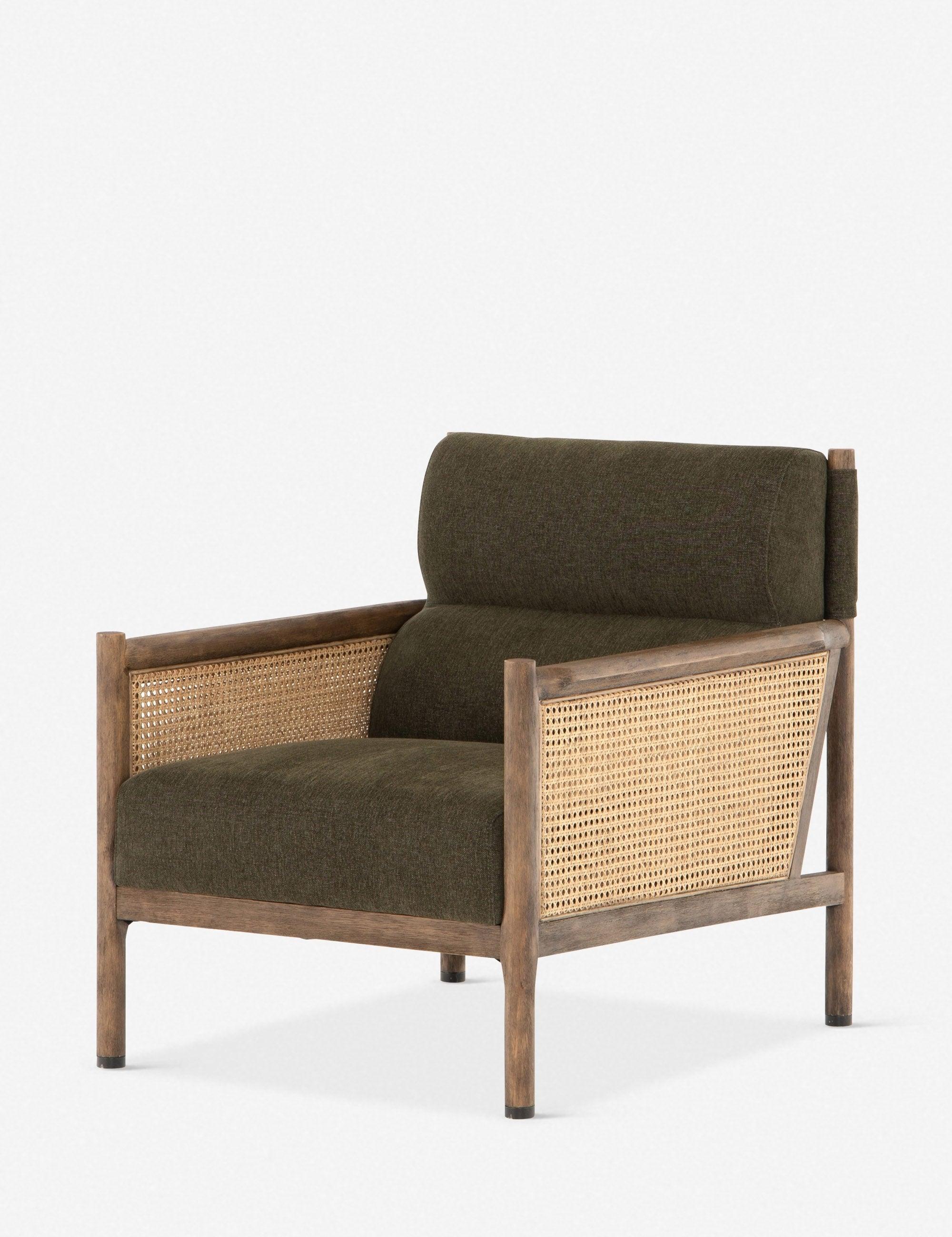 Chenille Olive Green Accent Chair with Rattan Inlay and Wooden Frame