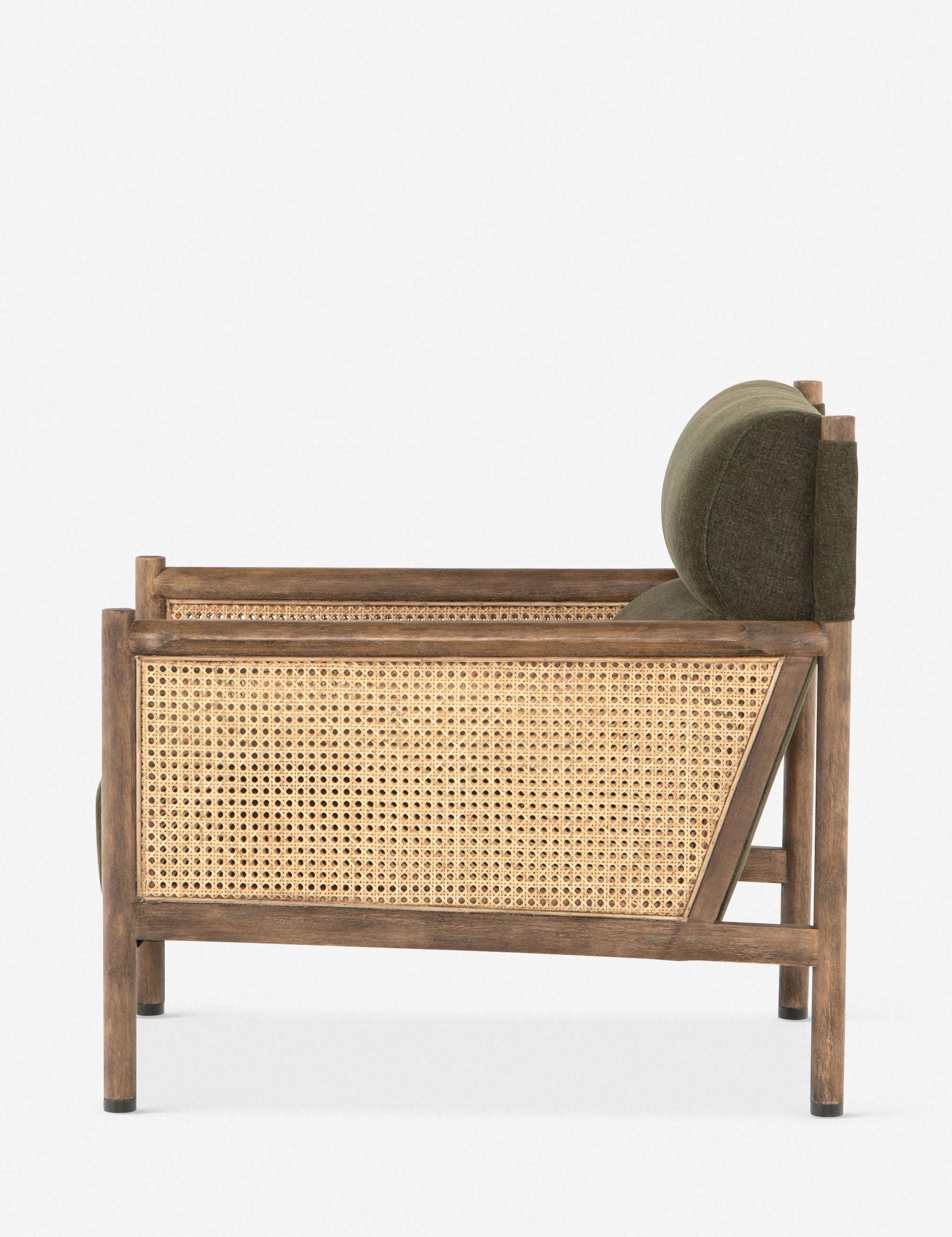 Chenille Olive Green Accent Chair with Rattan Inlay and Wooden Frame