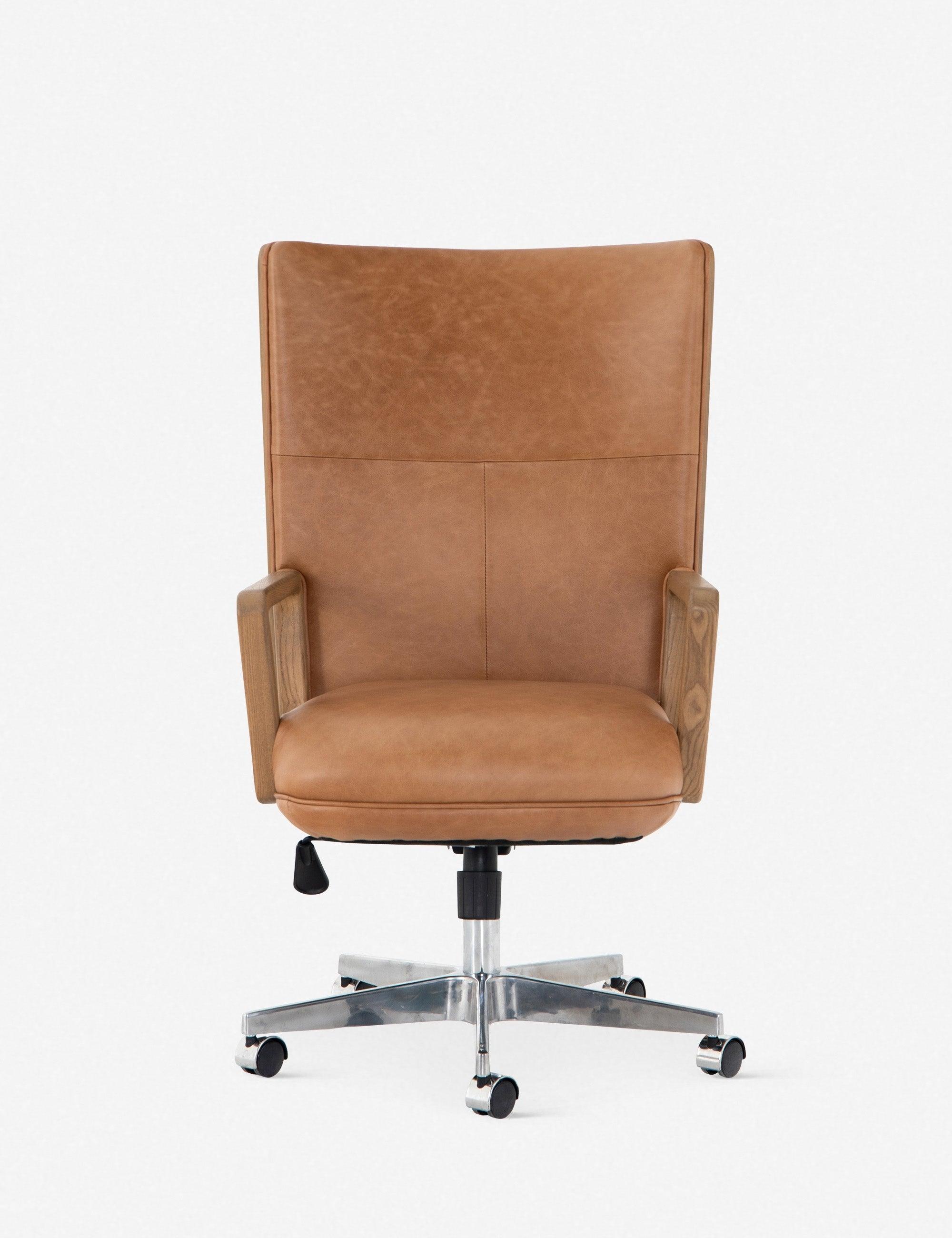 Contemporary High-Back Brown Leather Task Chair with Ash Accents