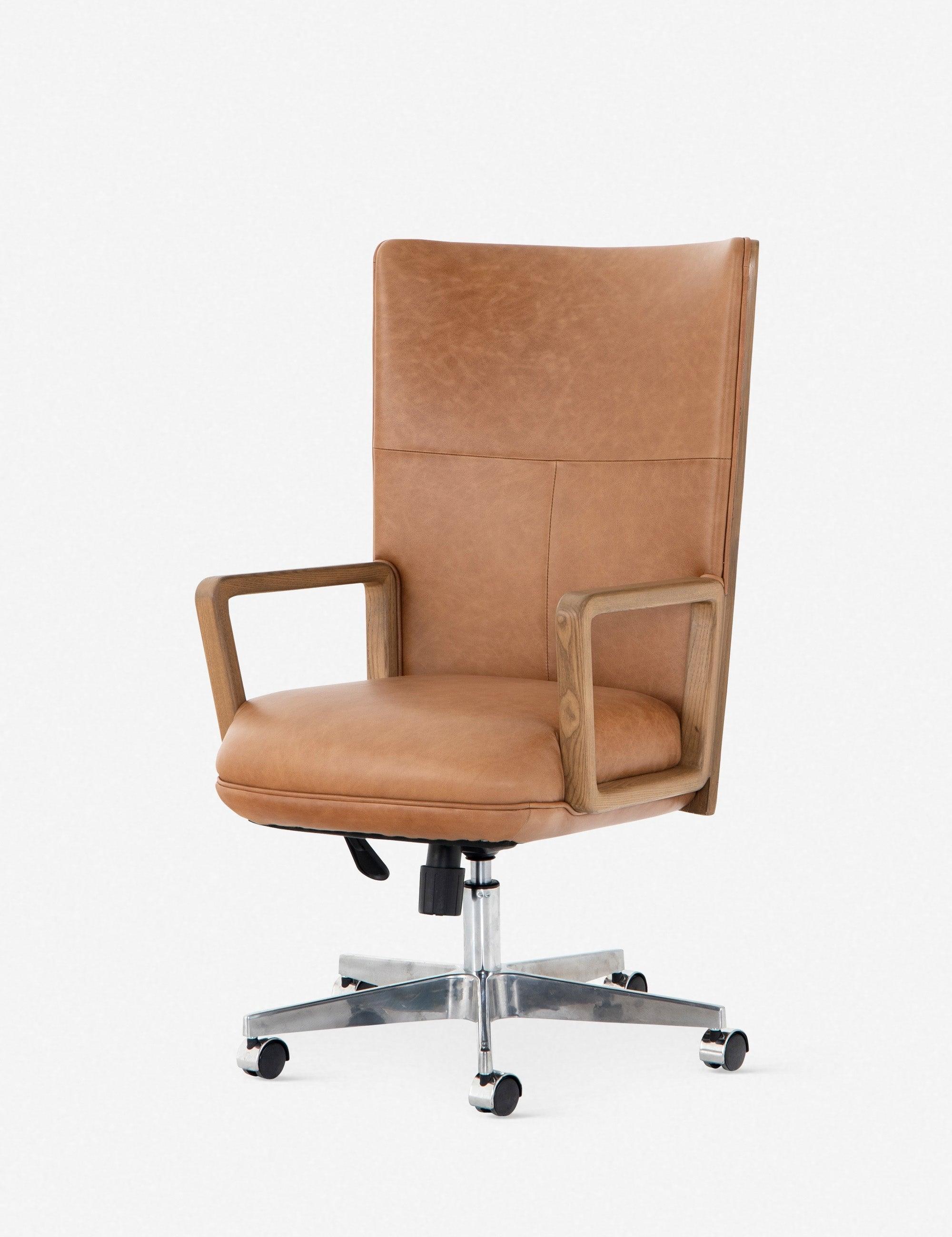 Contemporary High-Back Brown Leather Task Chair with Ash Accents