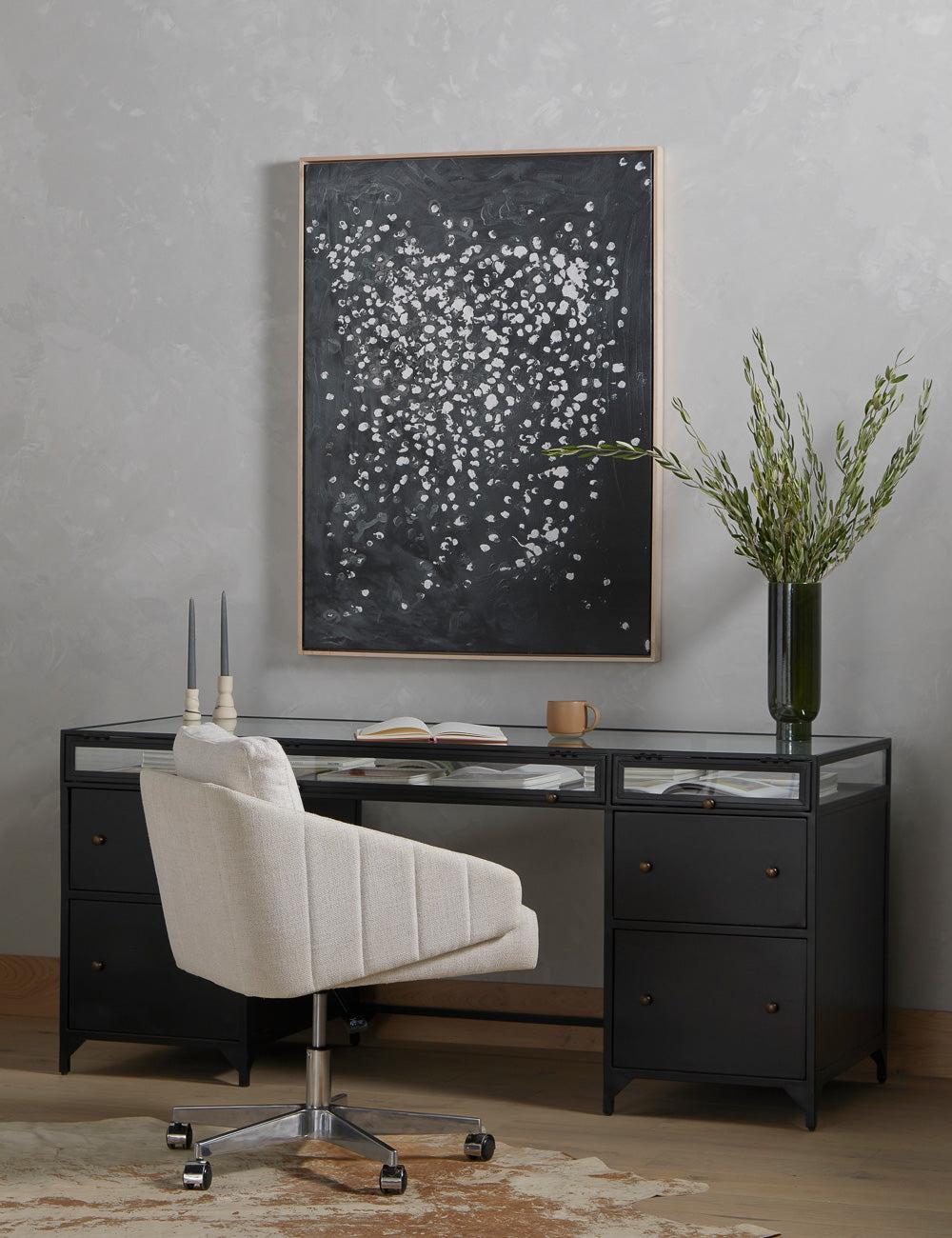 Sleek Black Executive Desk with Shadow Box Display and Filing Cabinet