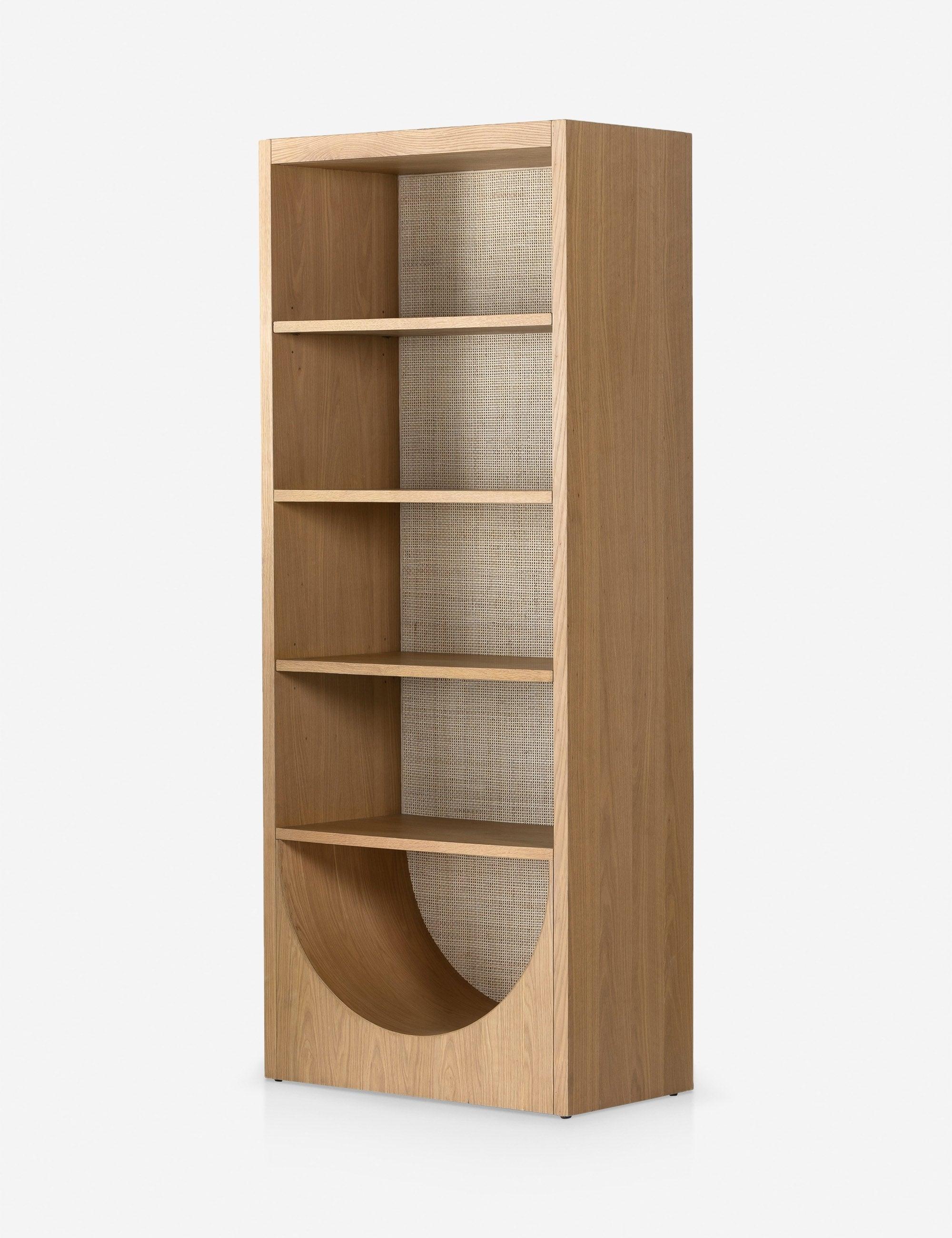 Honey Oak Veneer Adjustable Bookcase with Handwoven Cane Paneling