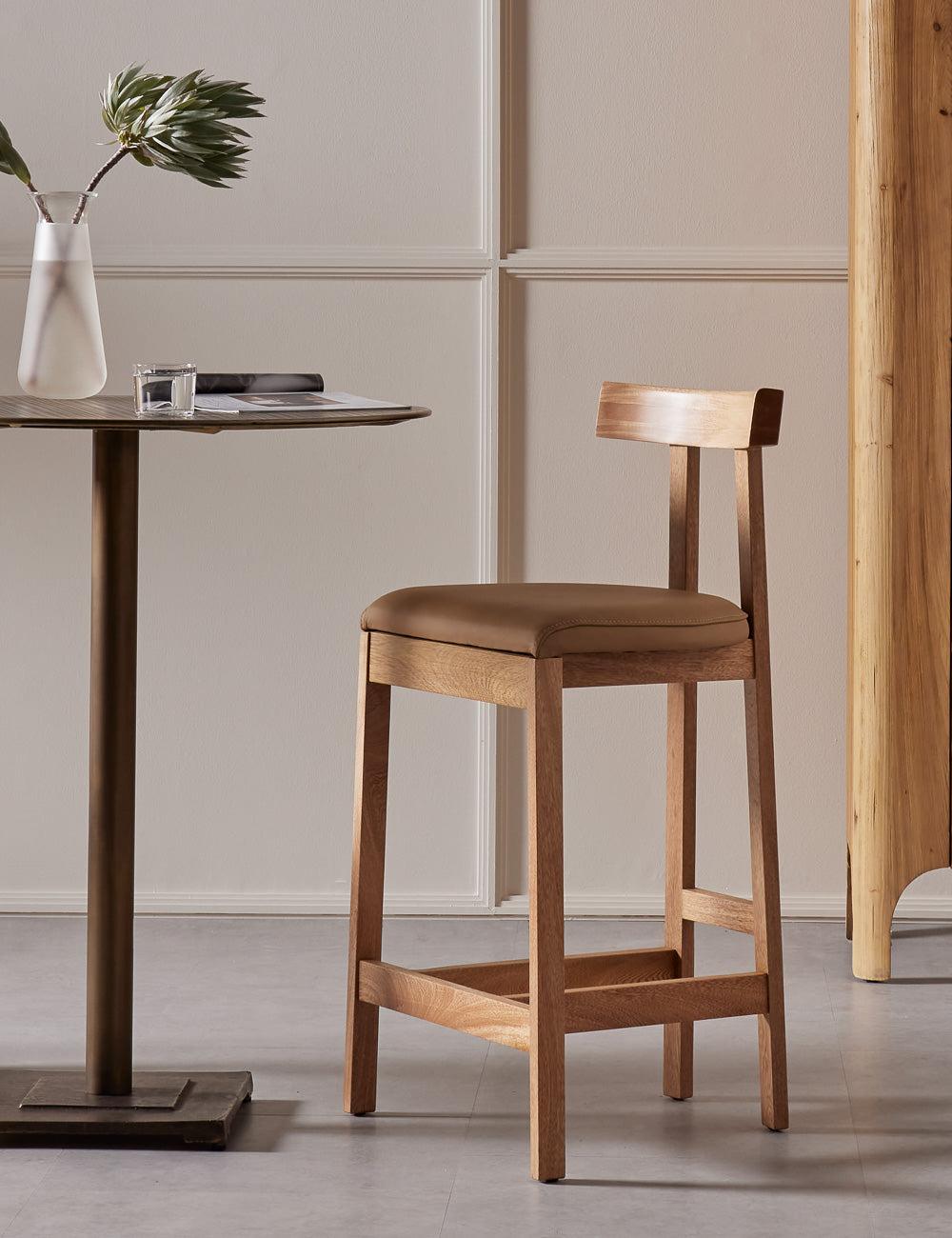 Rosa Morada Wood and Top-Grain Leather Minimalist Counter Stool