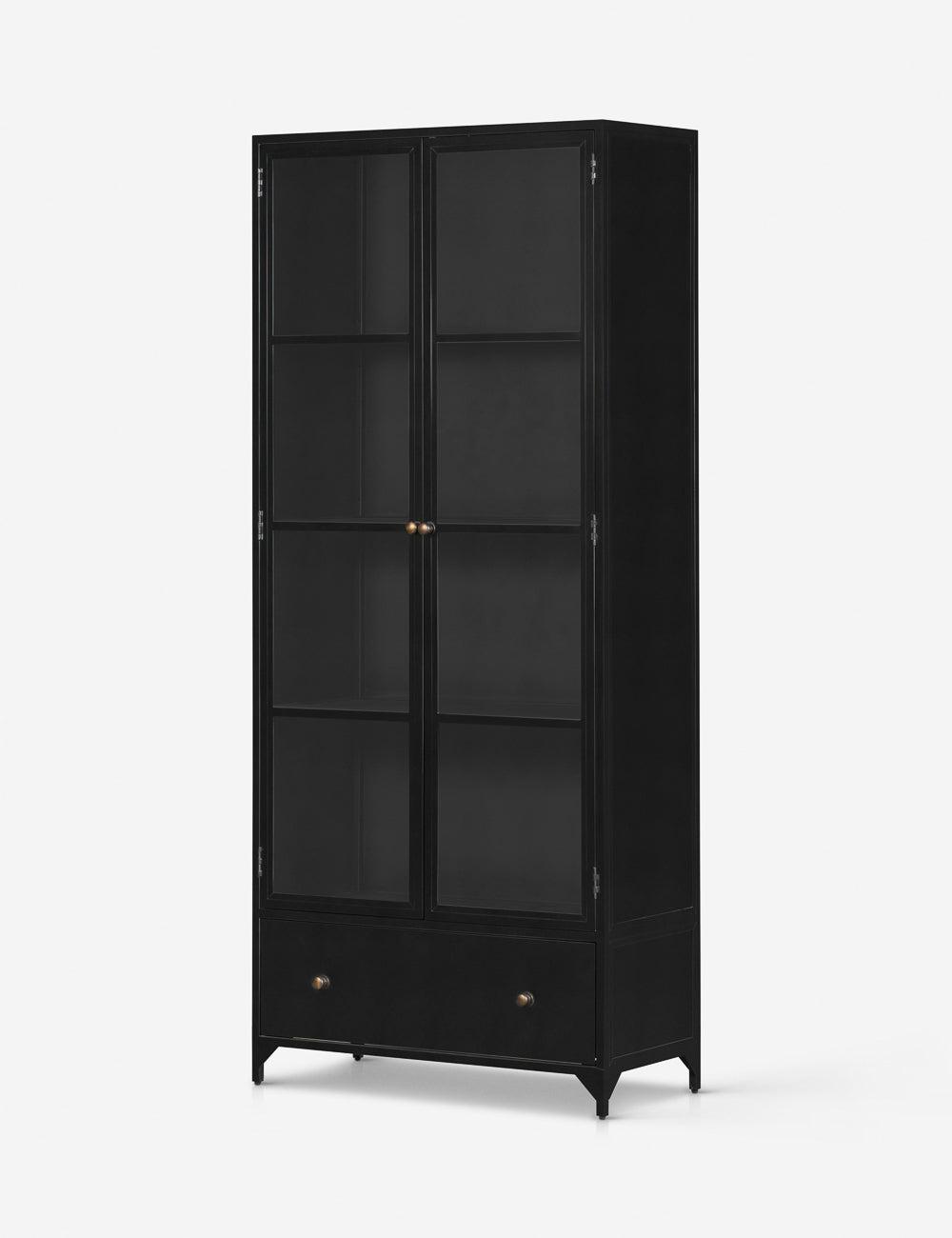 Elegant Black Iron Curio Cabinet with Glass Doors and Brass Knobs