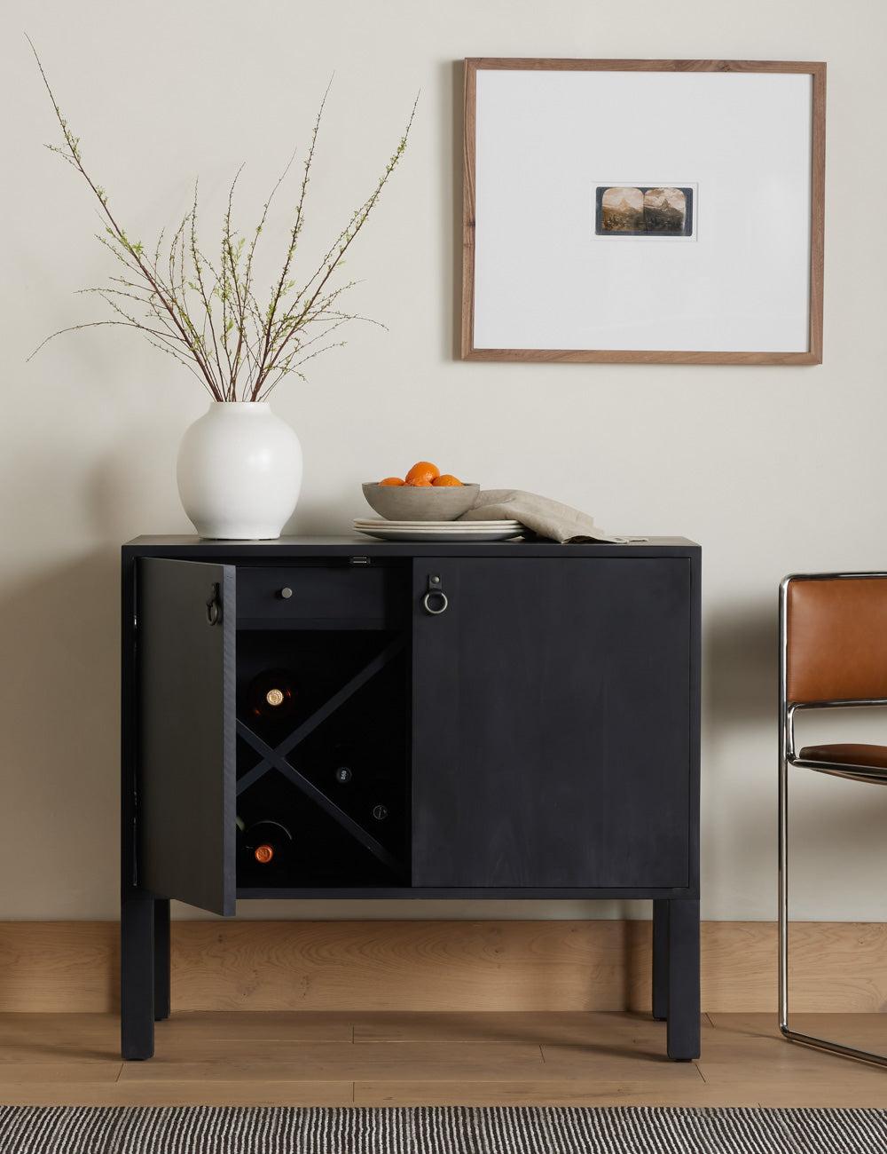 Modern Black Poplar Bar Cabinet with Leather Pulls