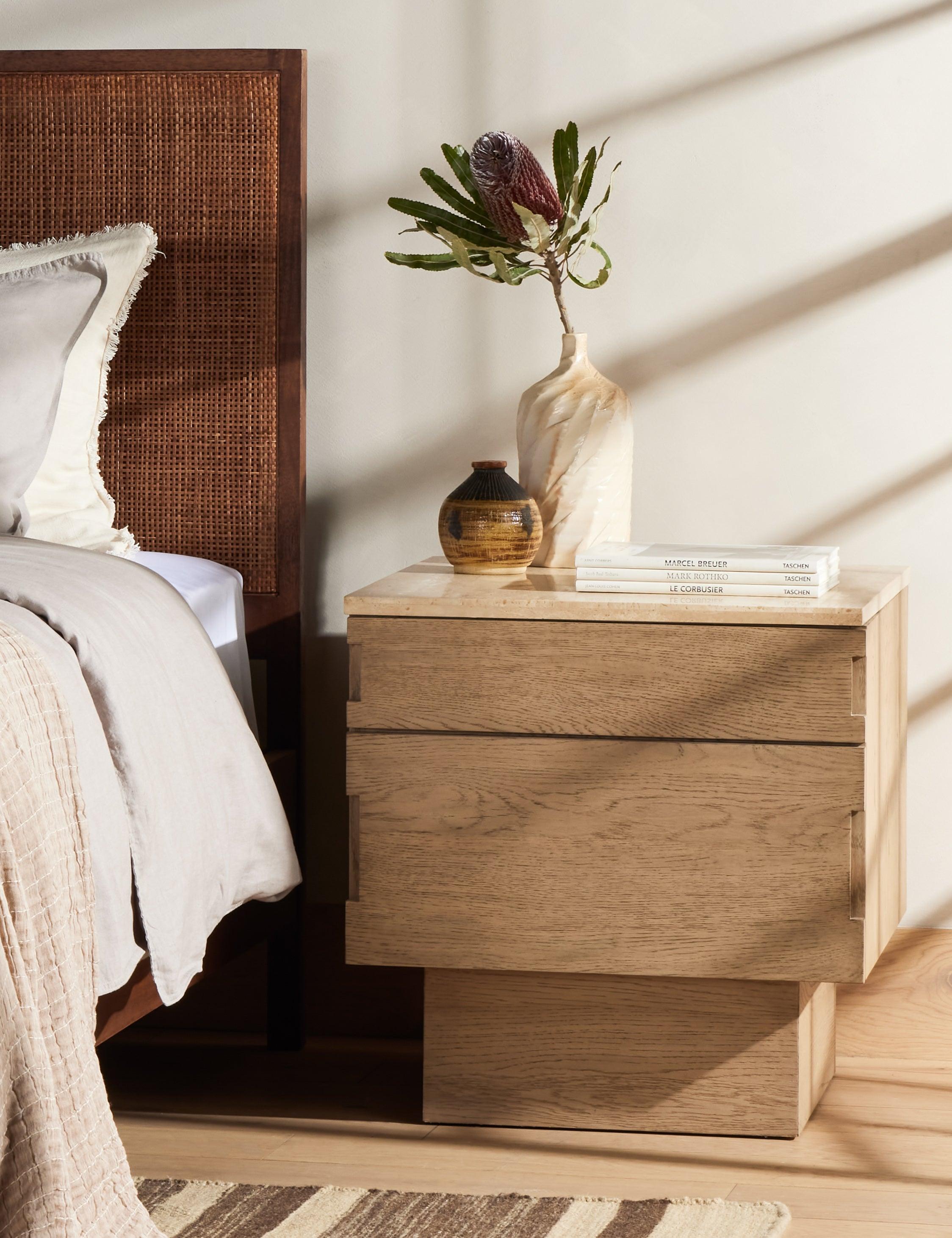 Brecken Modern 2-Drawer Nightstand in Natural Oak with Travertine Top