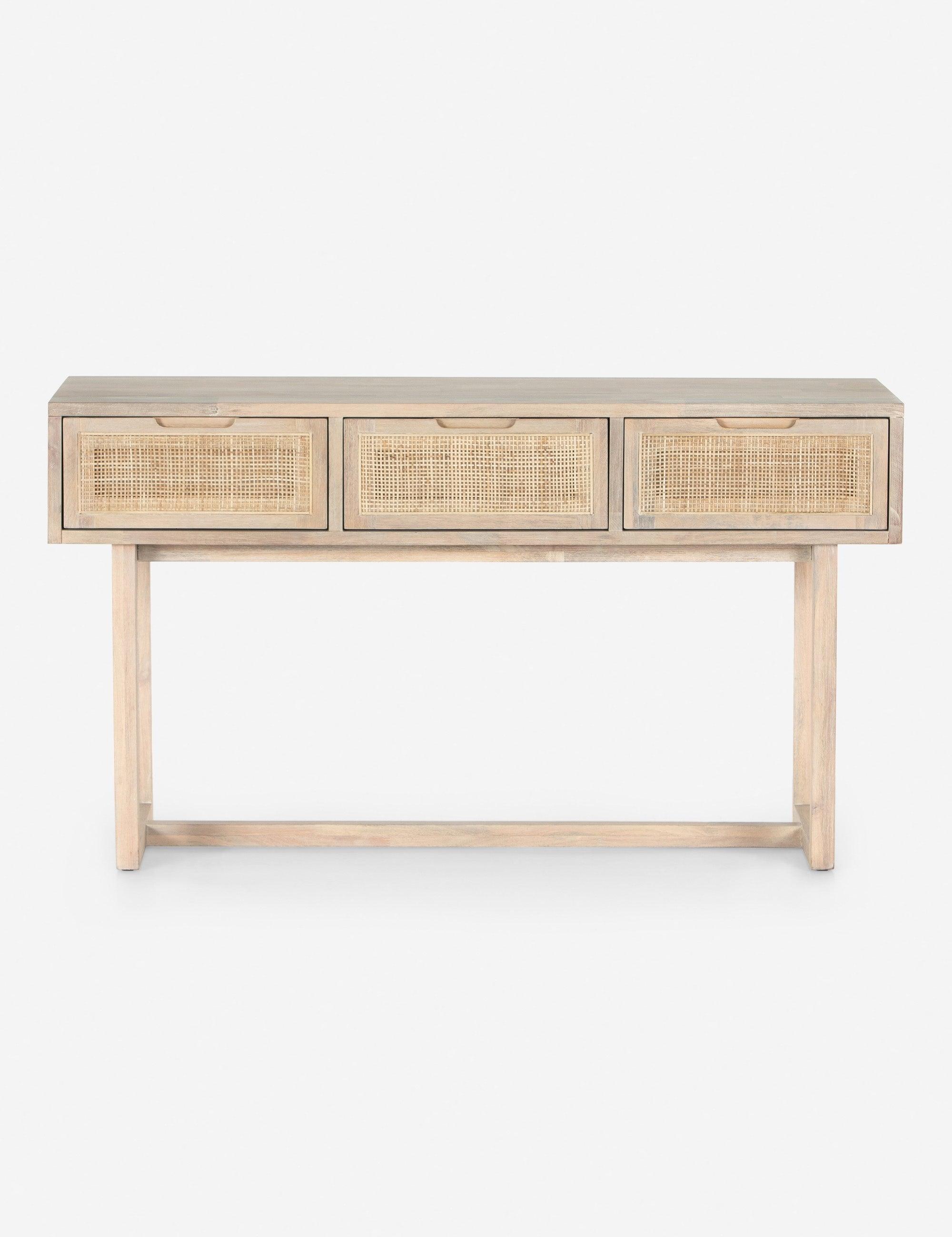 Mid-Century Modern Whitewashed Mango Wood Console Table with Cane Drawers