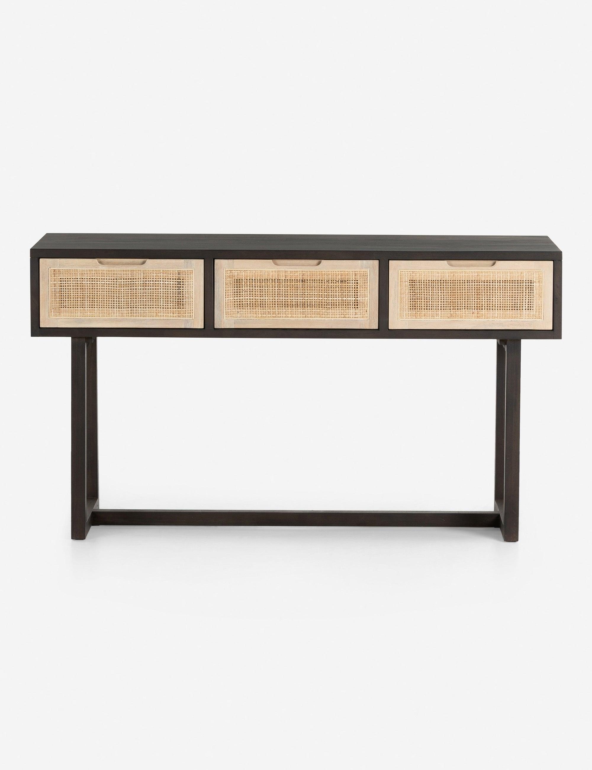 Clarita Mid-Century Modern Black Mango Wood Console Table with 3 Cane Drawers