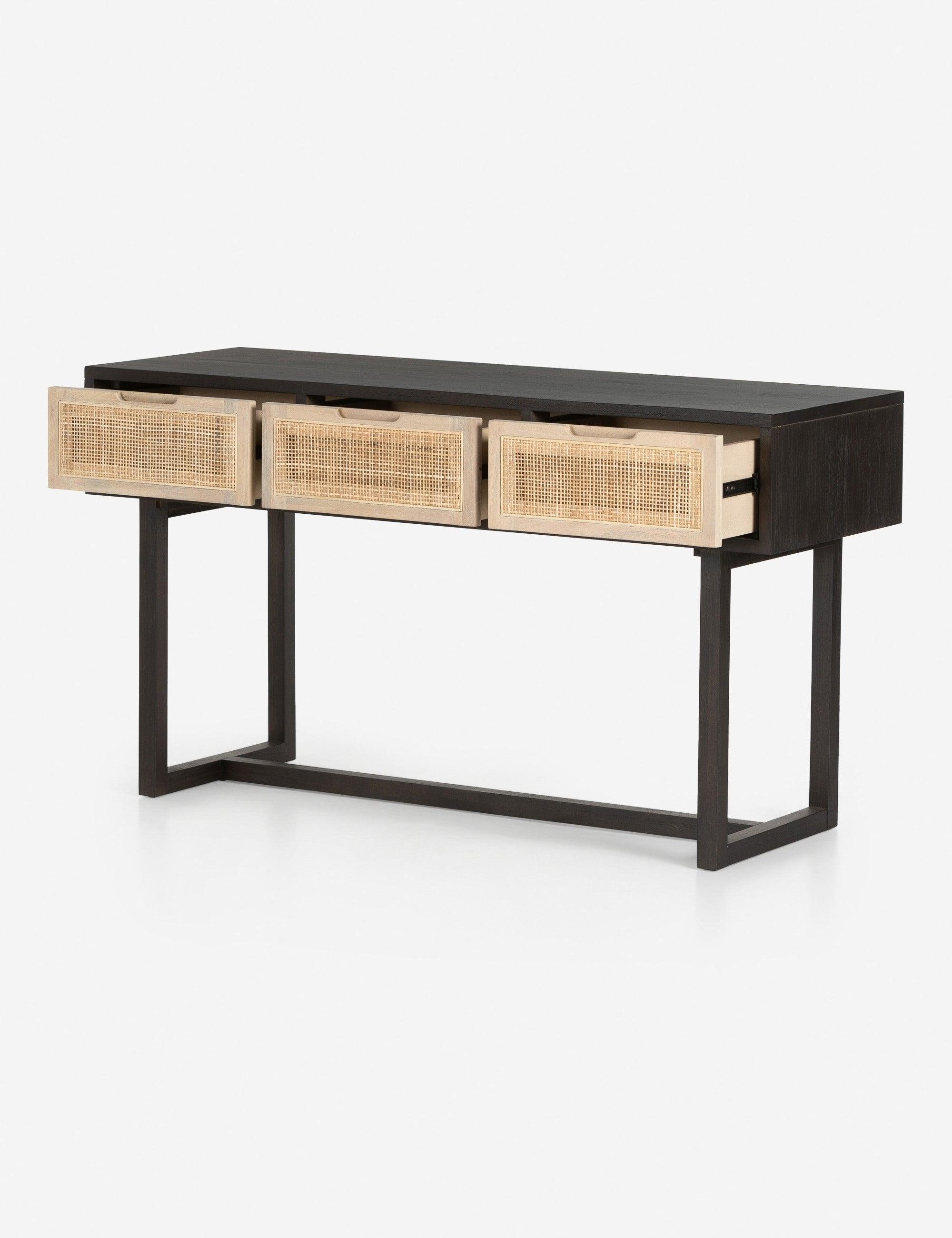 Clarita Mid-Century Modern Black Mango Wood Console Table with 3 Cane Drawers