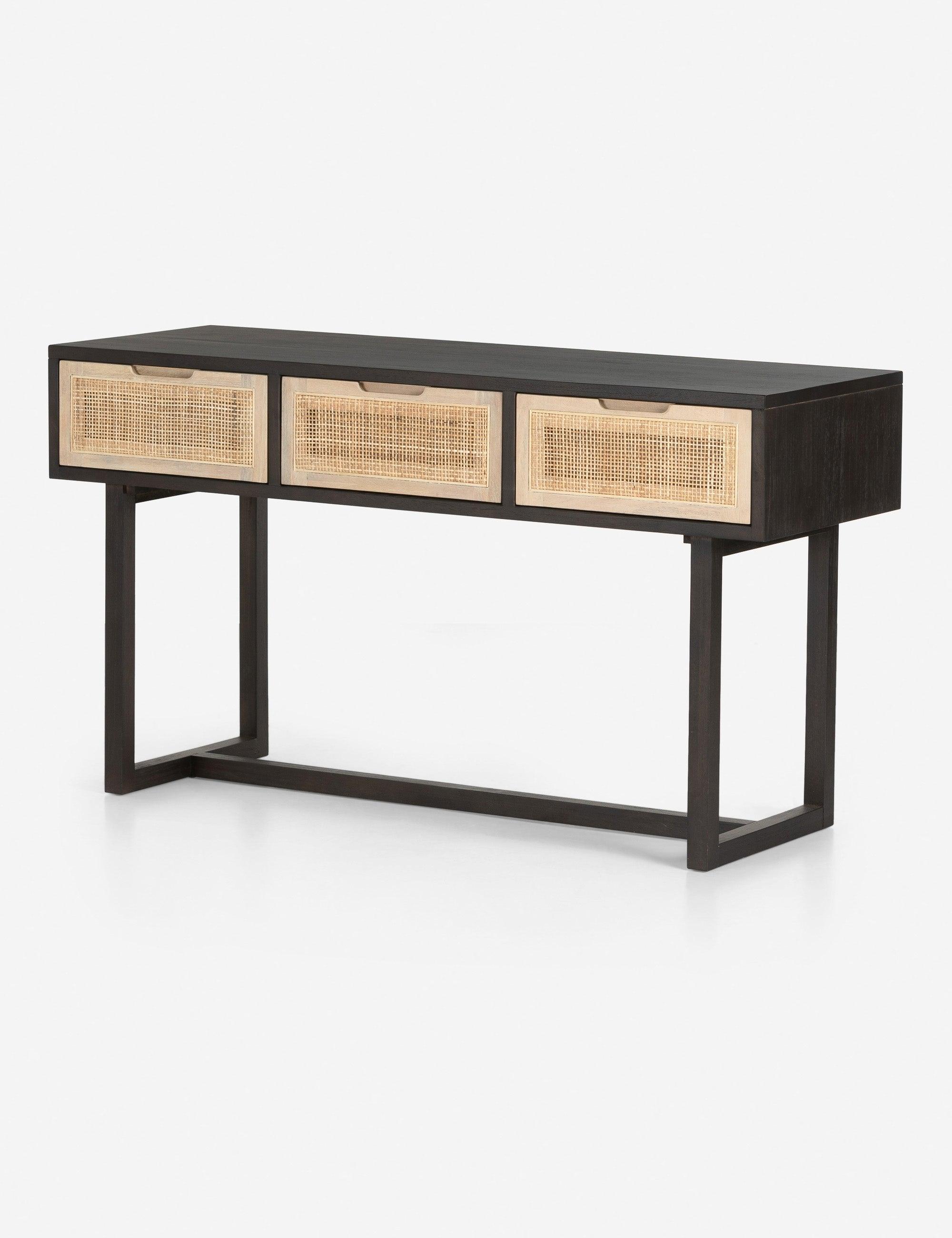 Clarita Mid-Century Modern Black Mango Wood Console Table with 3 Cane Drawers