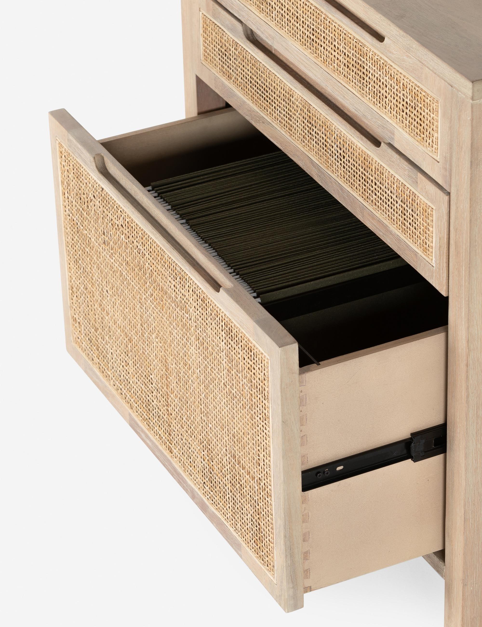 Contemporary Brown Mango Wood and Cane 3-Drawer Legal File Cabinet