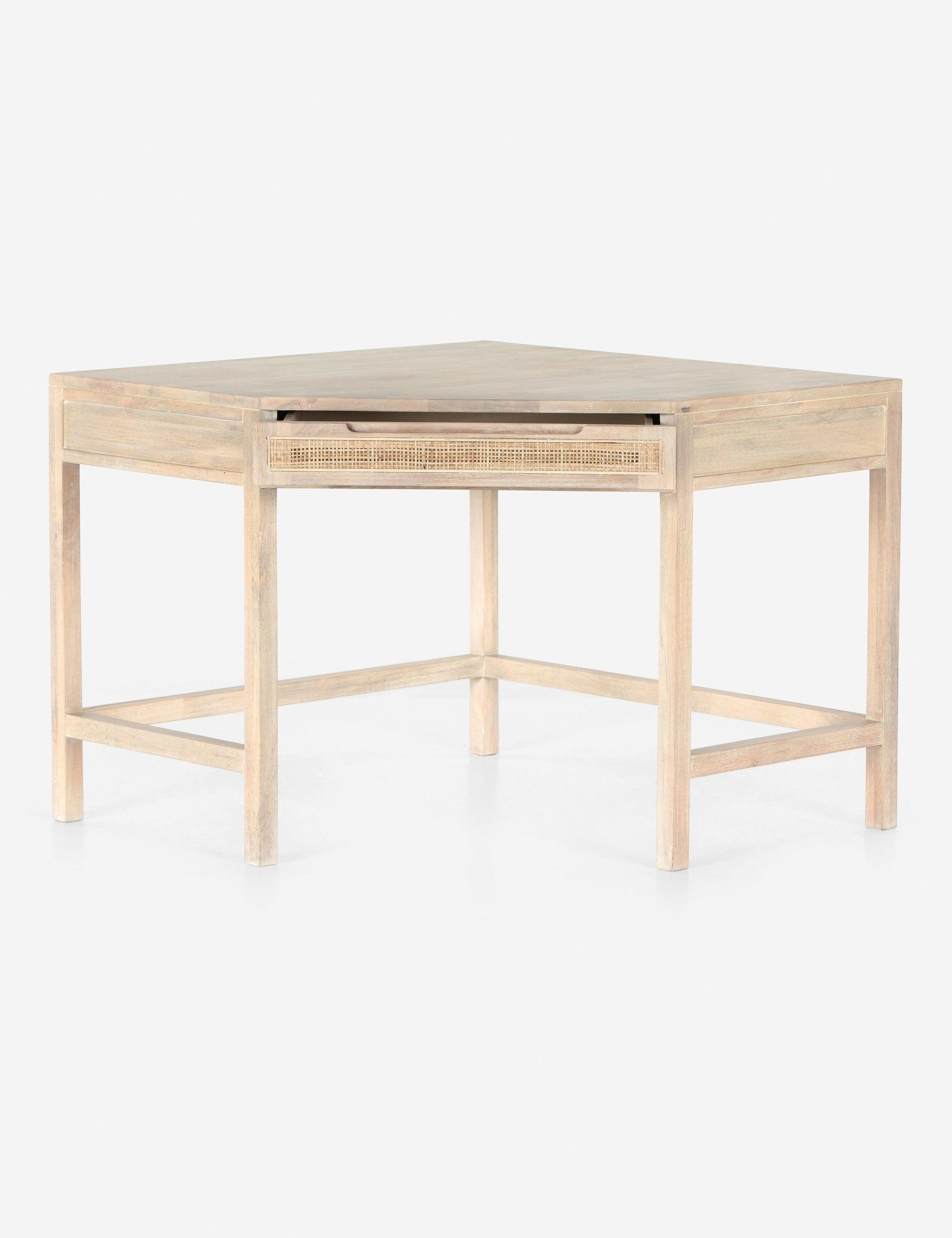 Clarita 58'' White Wash Mango Wood Corner Desk with Cane Drawer