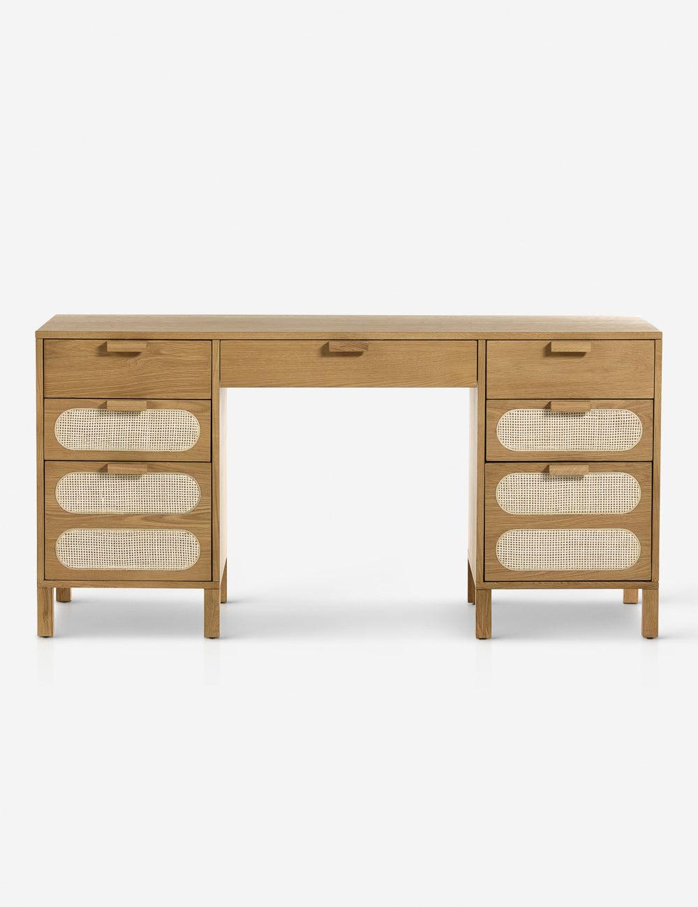 Allegra Honey Oak Executive Desk with Cane Paneling and Cord Management