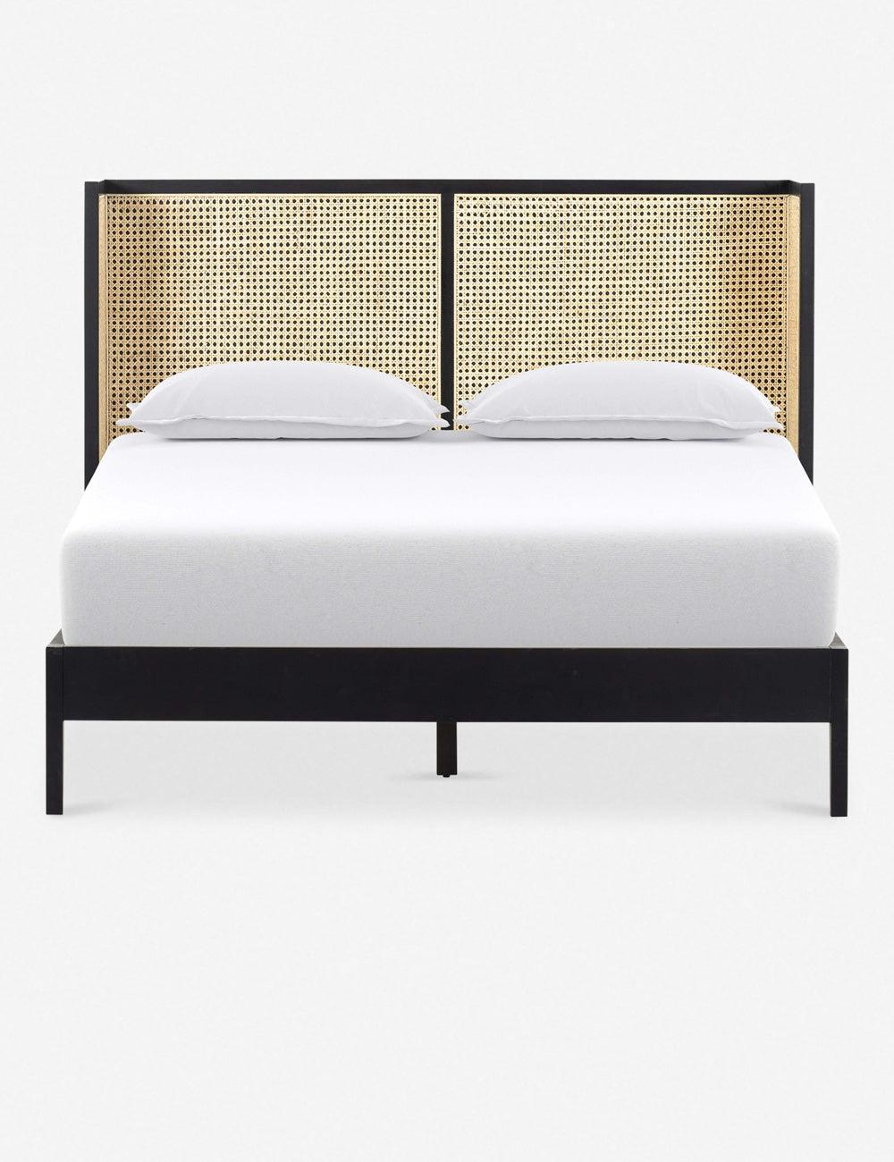 Contemporary Ebony & Yellow King Panel Bed with Tufted Cane Headboard