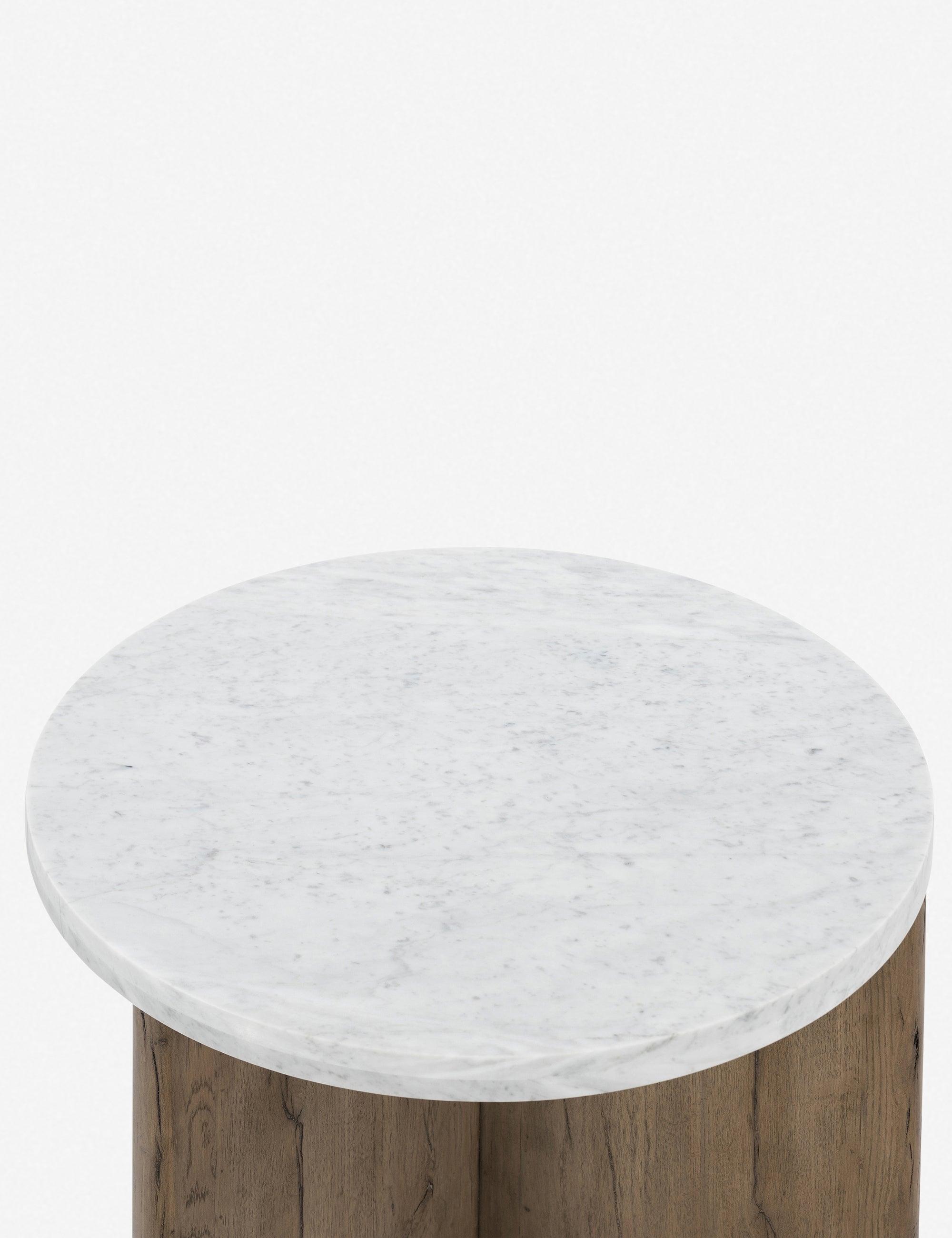 Contemporary Bianco Oak Round End Table with Italian Marble Top