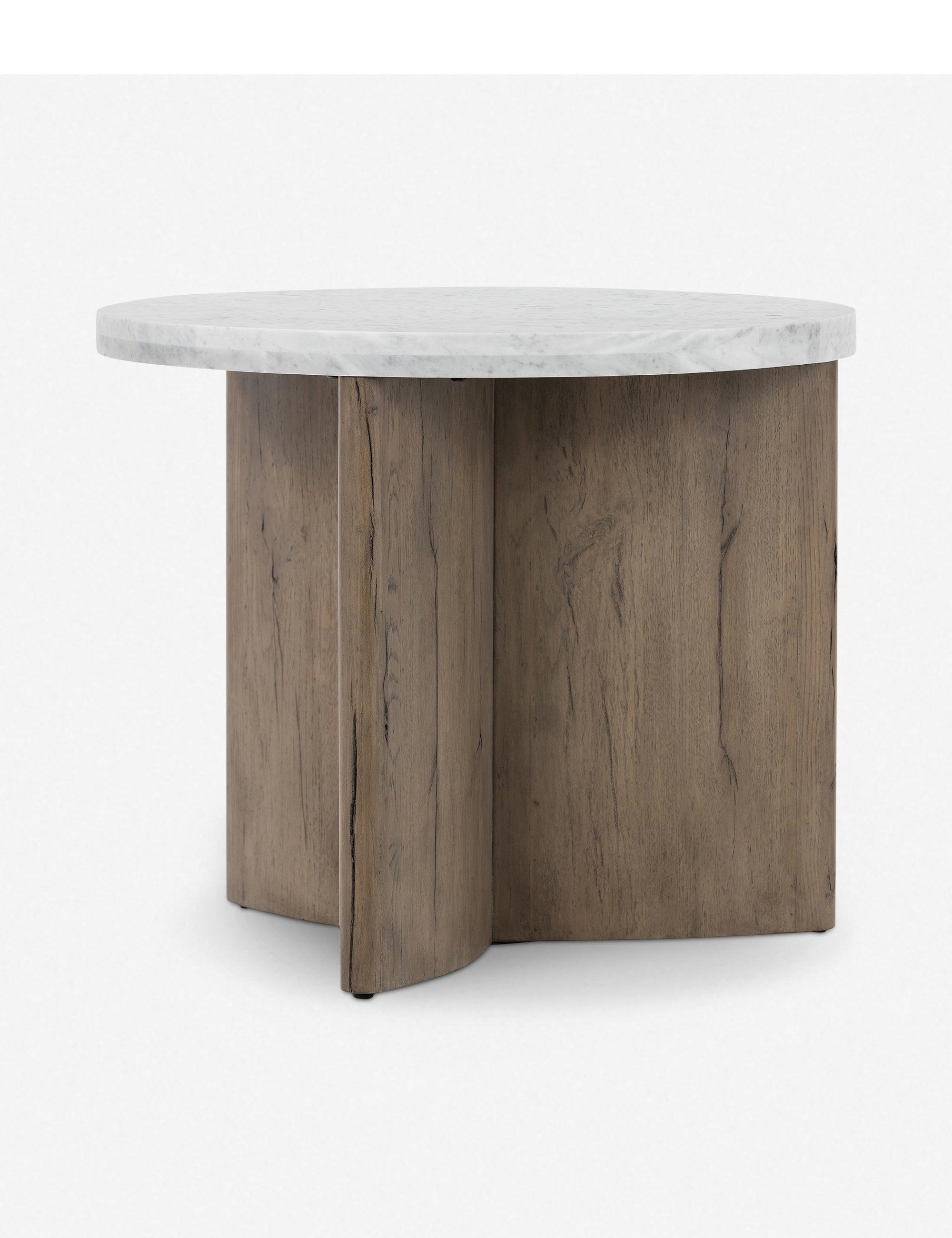 Contemporary Bianco Oak Round End Table with Italian Marble Top