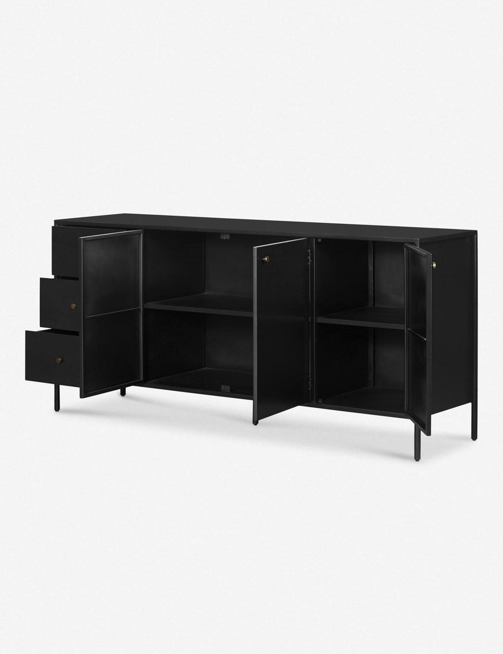 Sleek Black Iron 74'' Sideboard with Bronzed Hardware