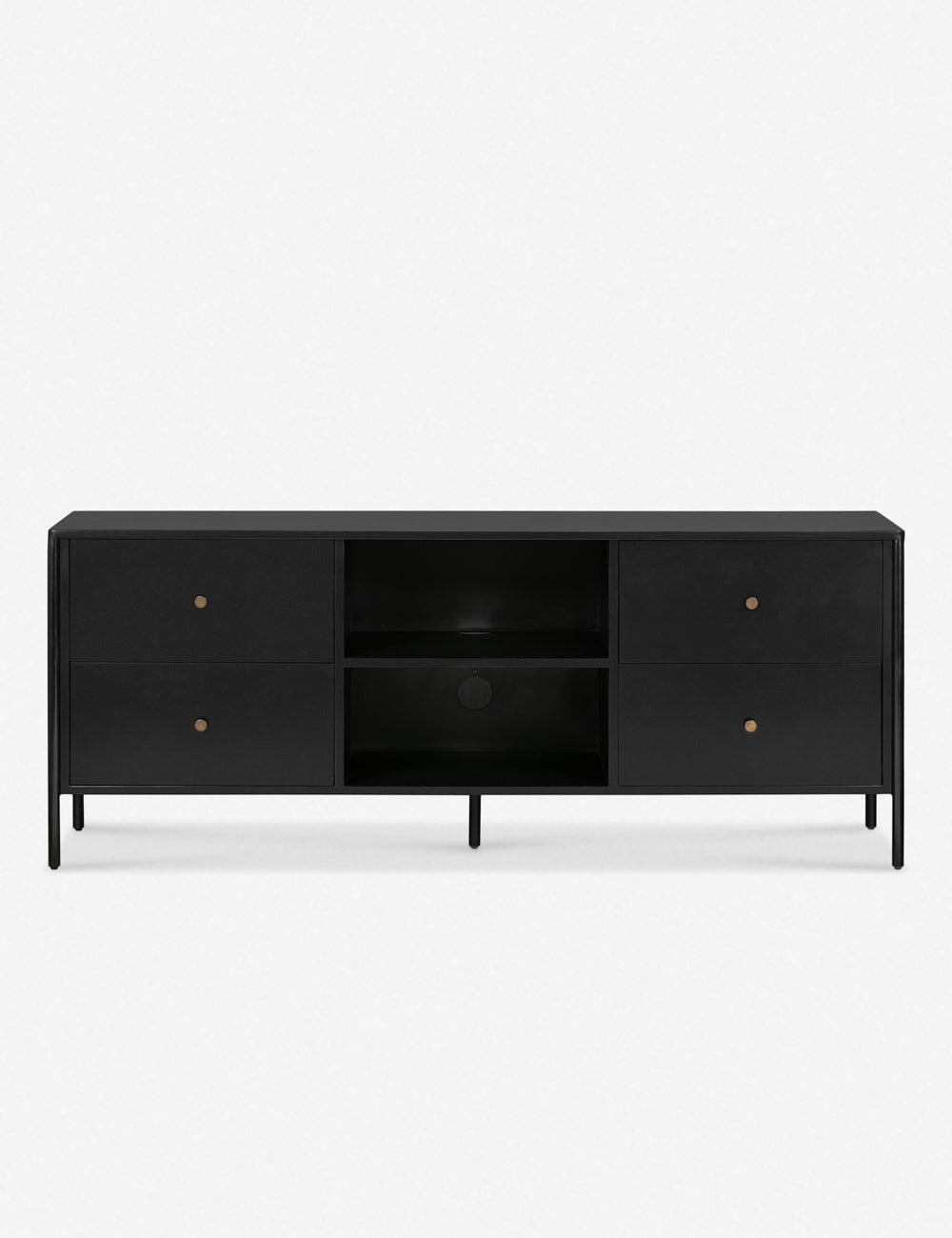 Sleek Black Iron Media Console with Bronzed Hardware and Storage