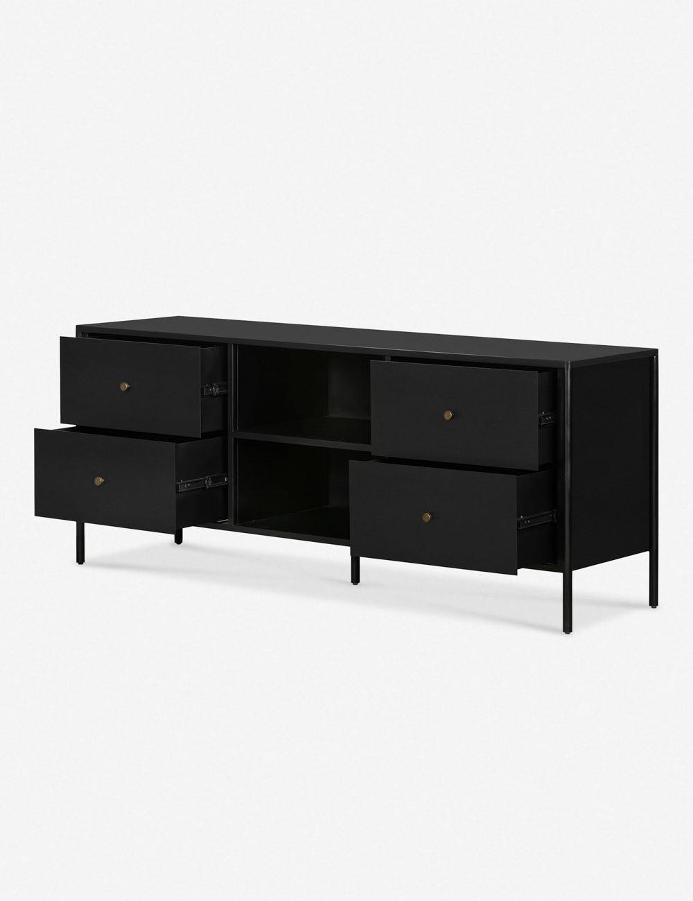 Sleek Black Iron Media Console with Bronzed Hardware and Storage