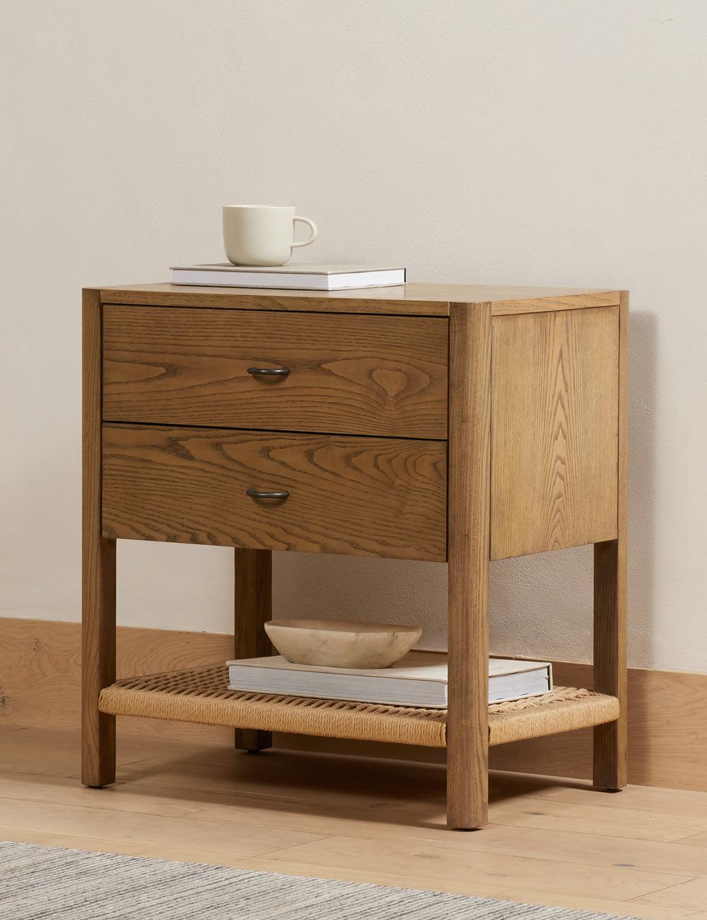 Modern Ash Wood 2-Drawer Nightstand in Warm Brown