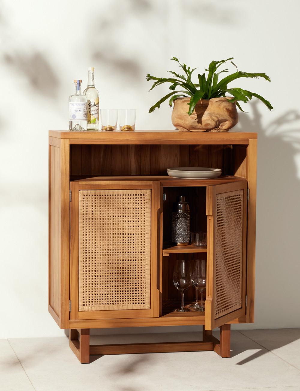 Merit 36'' Teak Top Faux Rattan Outdoor Cabinet