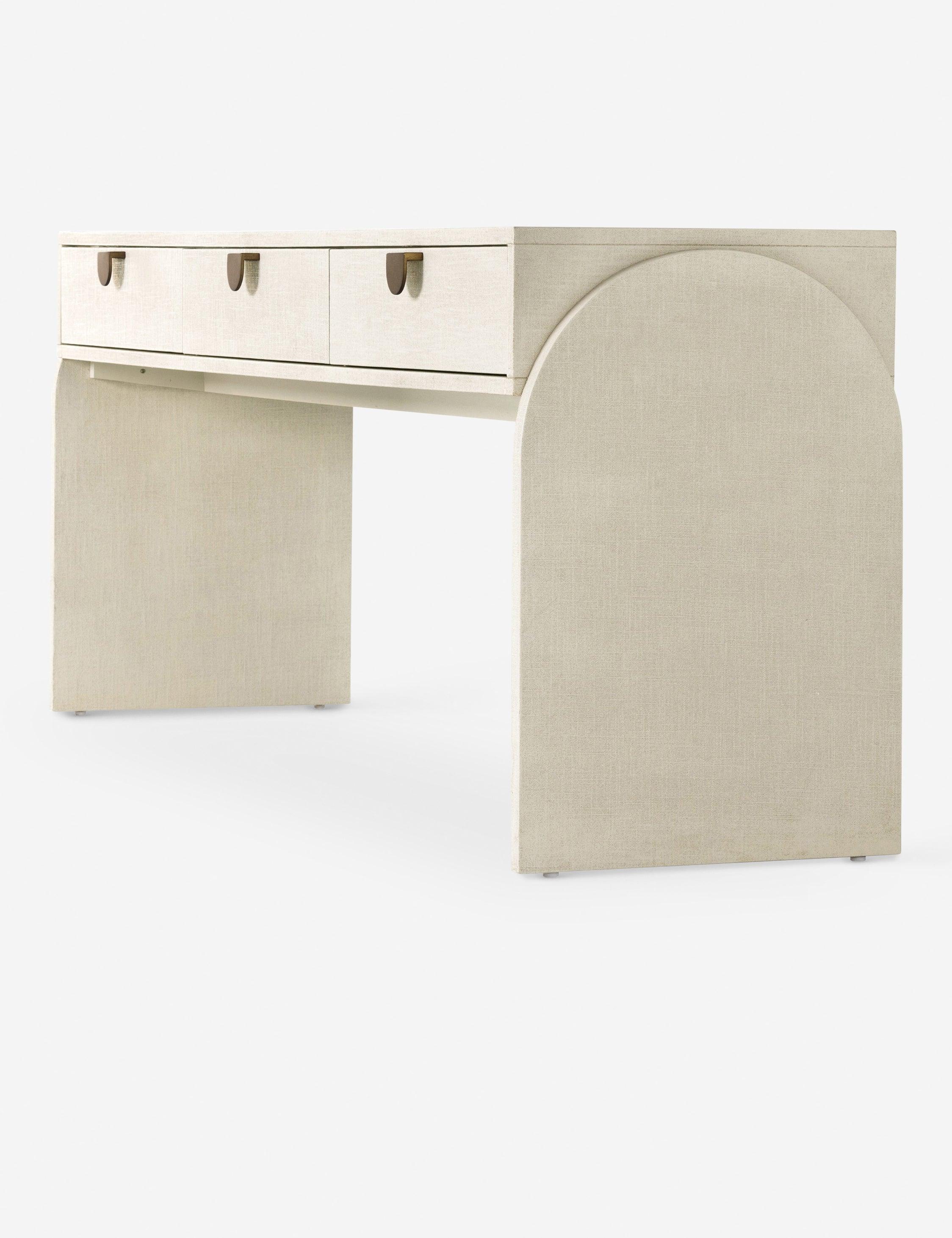 Modern Ivory Painted Linen Demilune Console with Storage