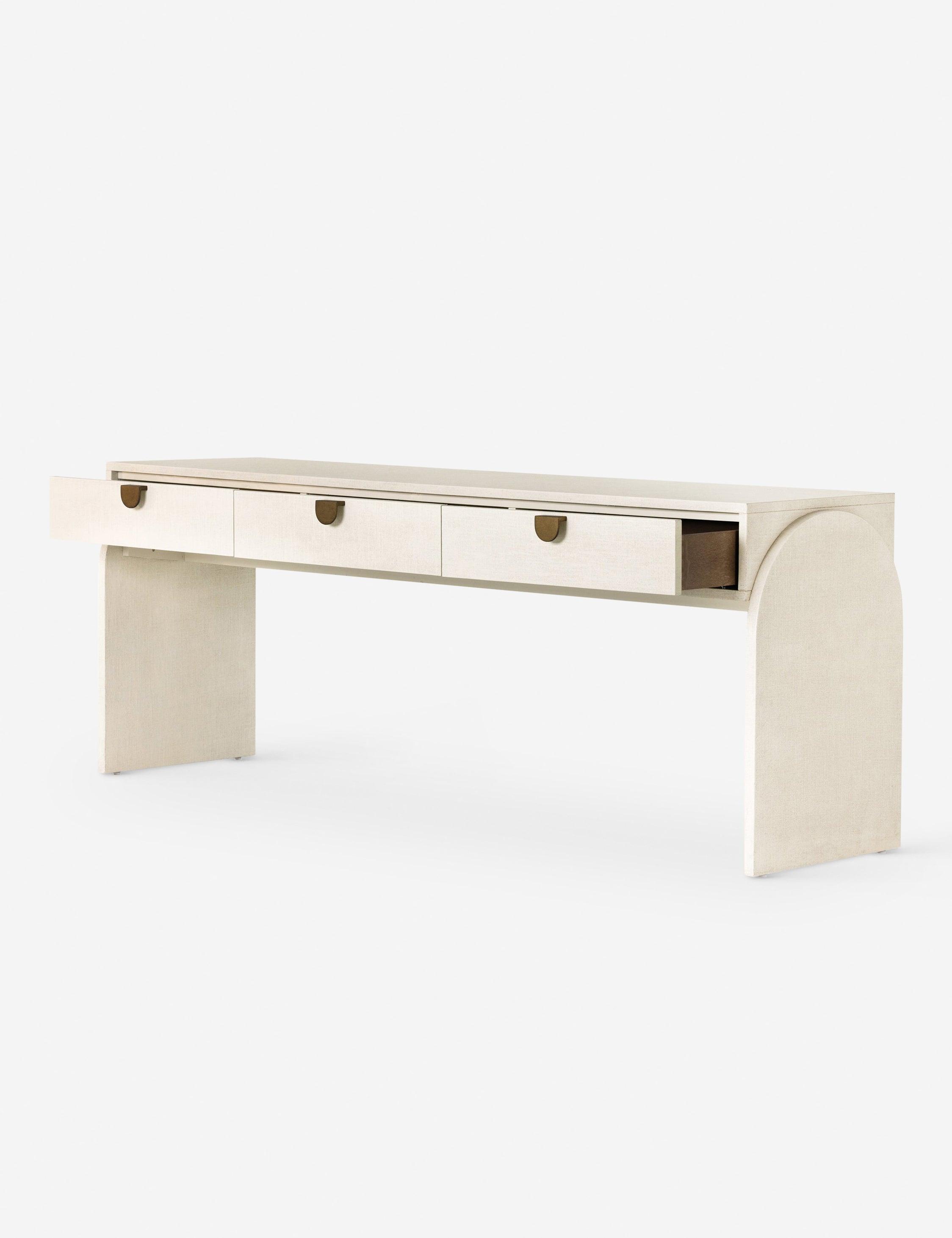 Modern Ivory Painted Linen Demilune Console with Storage