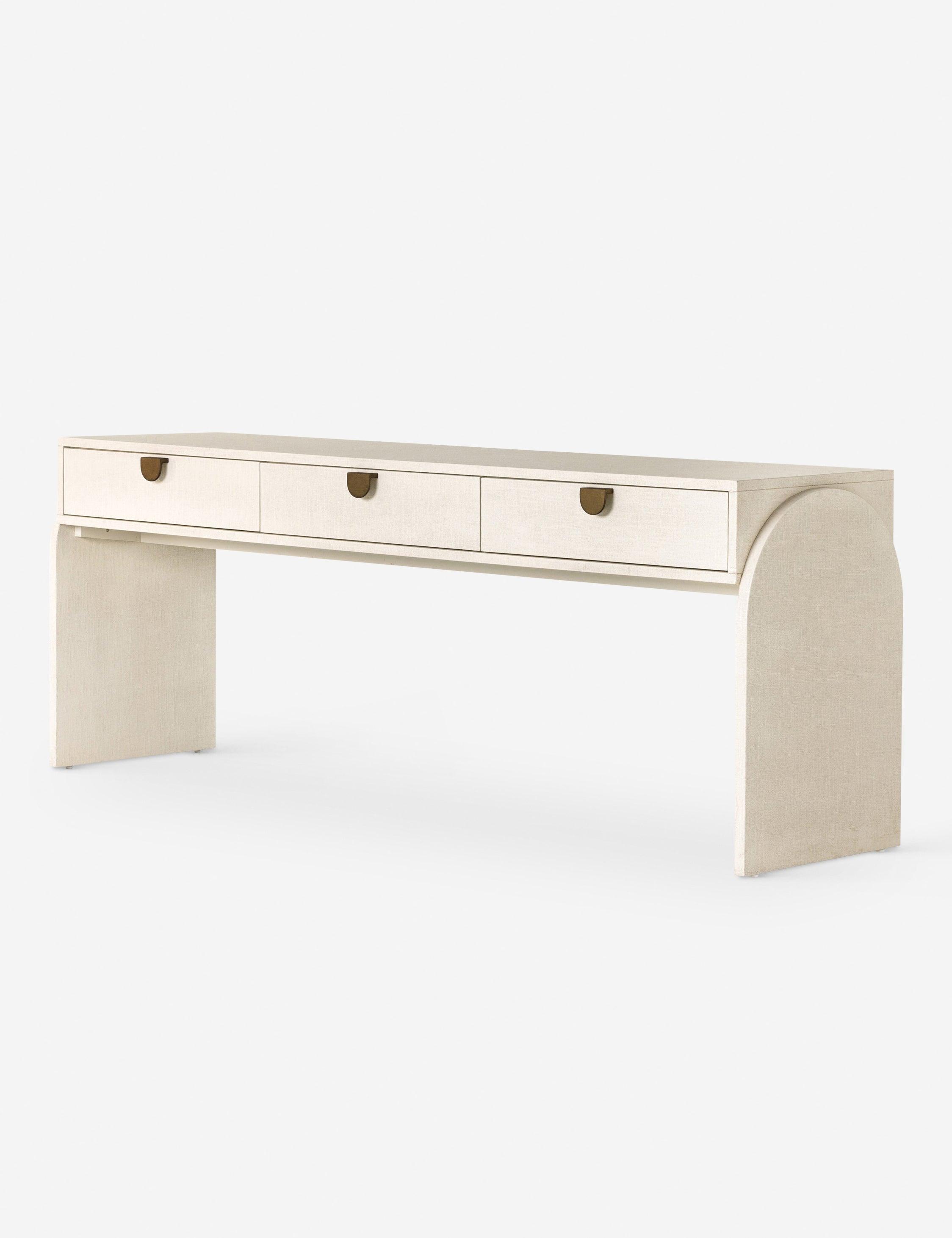 Modern Ivory Painted Linen Demilune Console with Storage