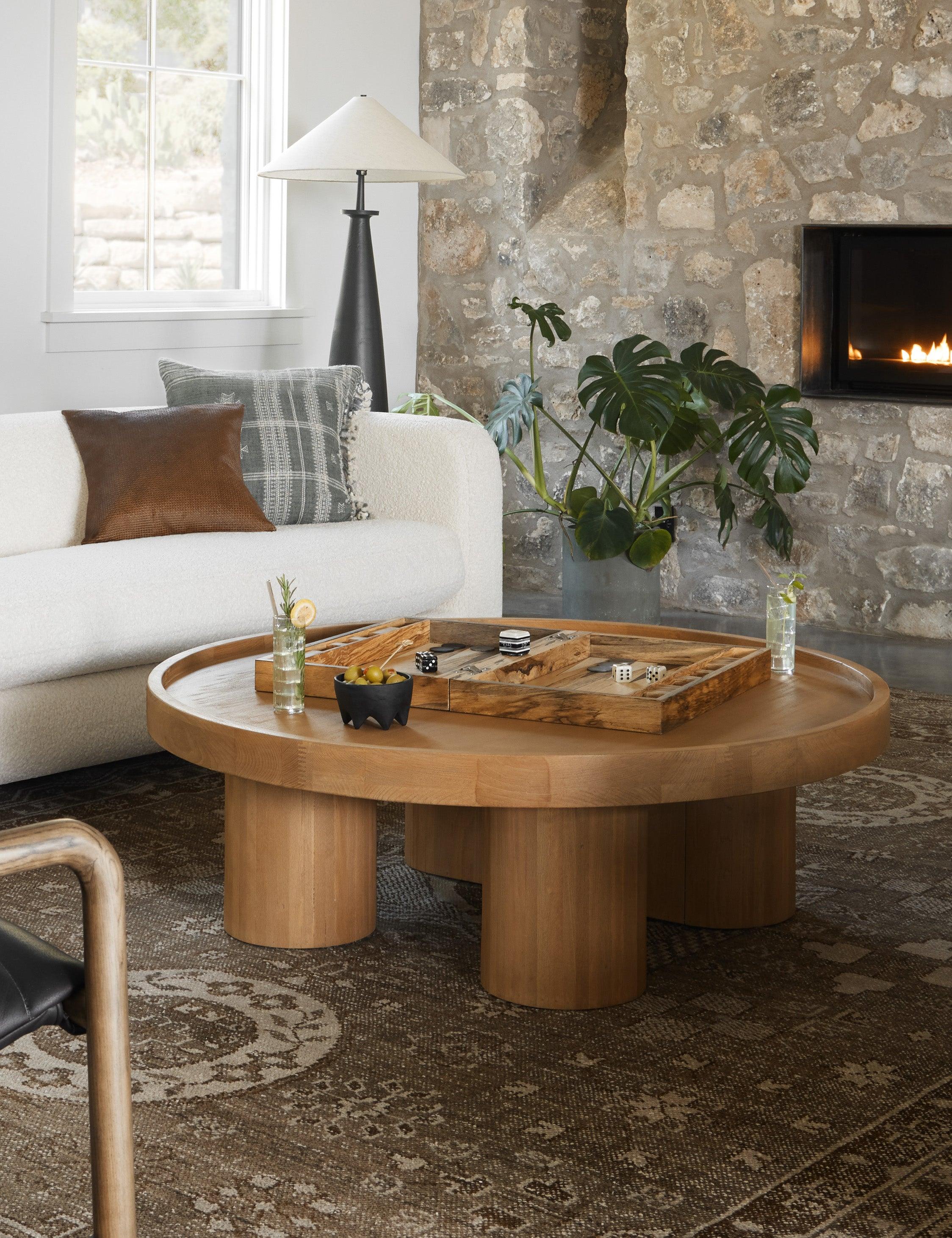 Modern Asymmetrical Round Beechwood Coffee Table with Storage