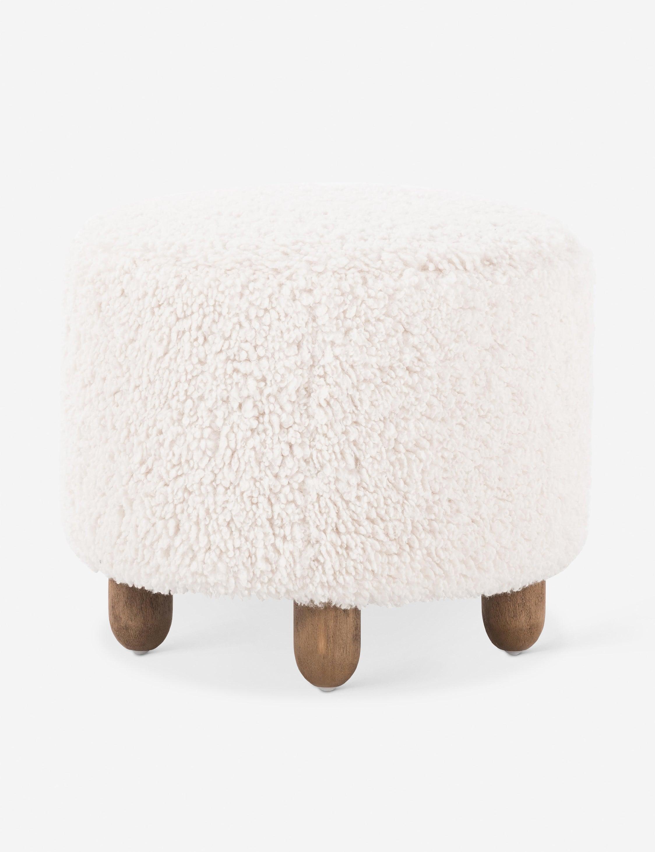 Aniston 22.5'' Ivory Sheepskin Round Ottoman with Wire-Brushed Legs