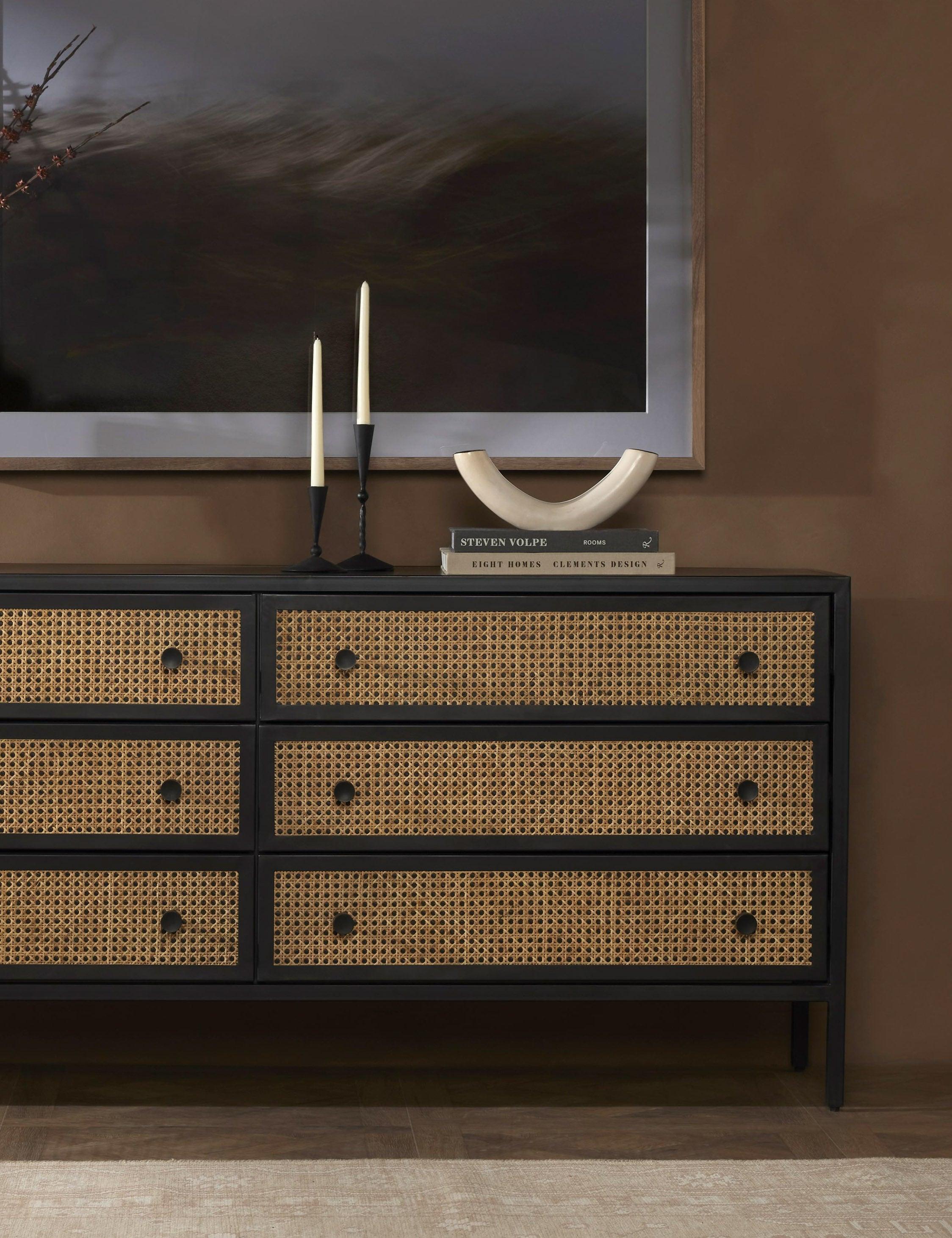 Modern Black Iron and Natural Cane 70'' 6-Drawer Dresser