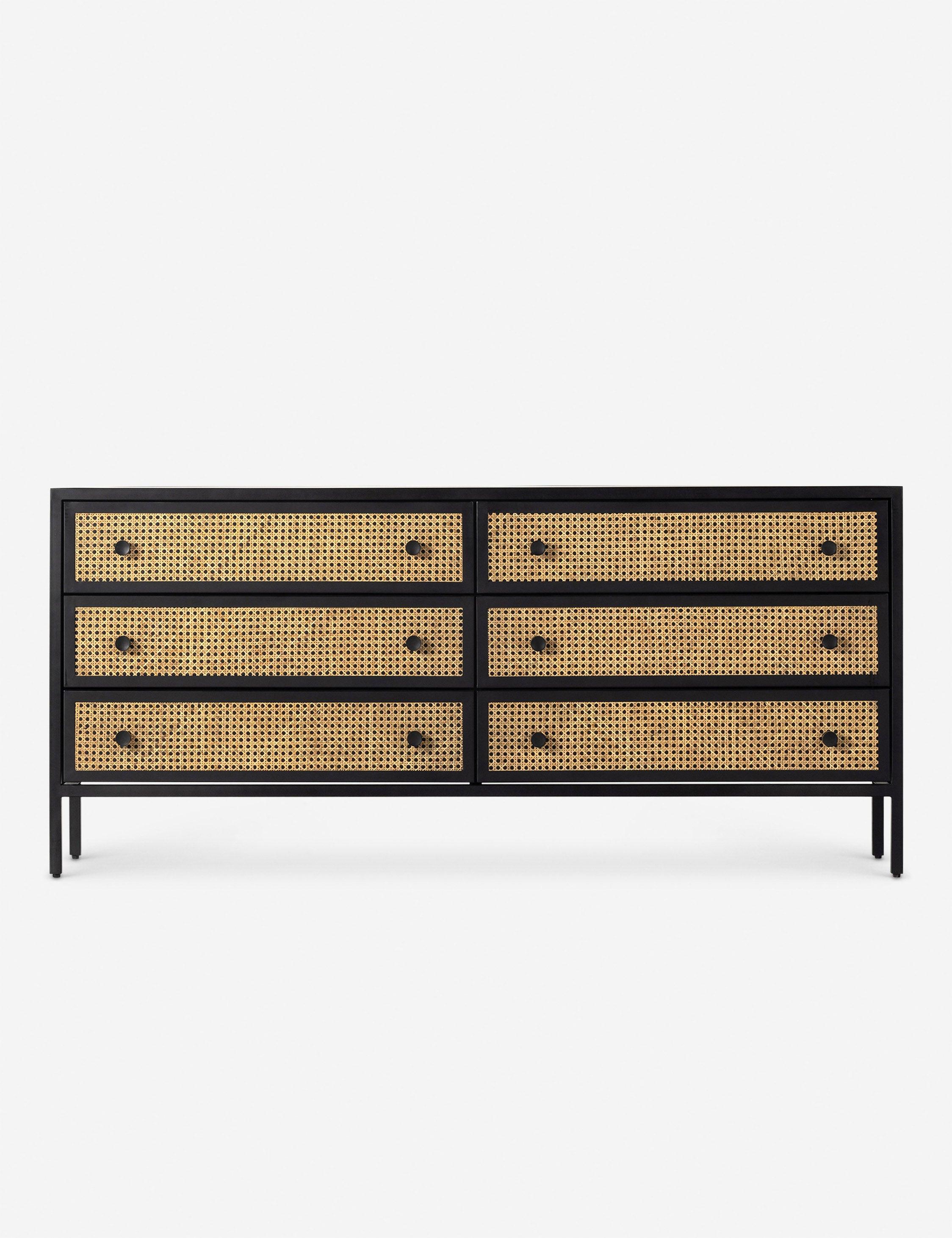 Modern Black Iron and Natural Cane 70'' 6-Drawer Dresser