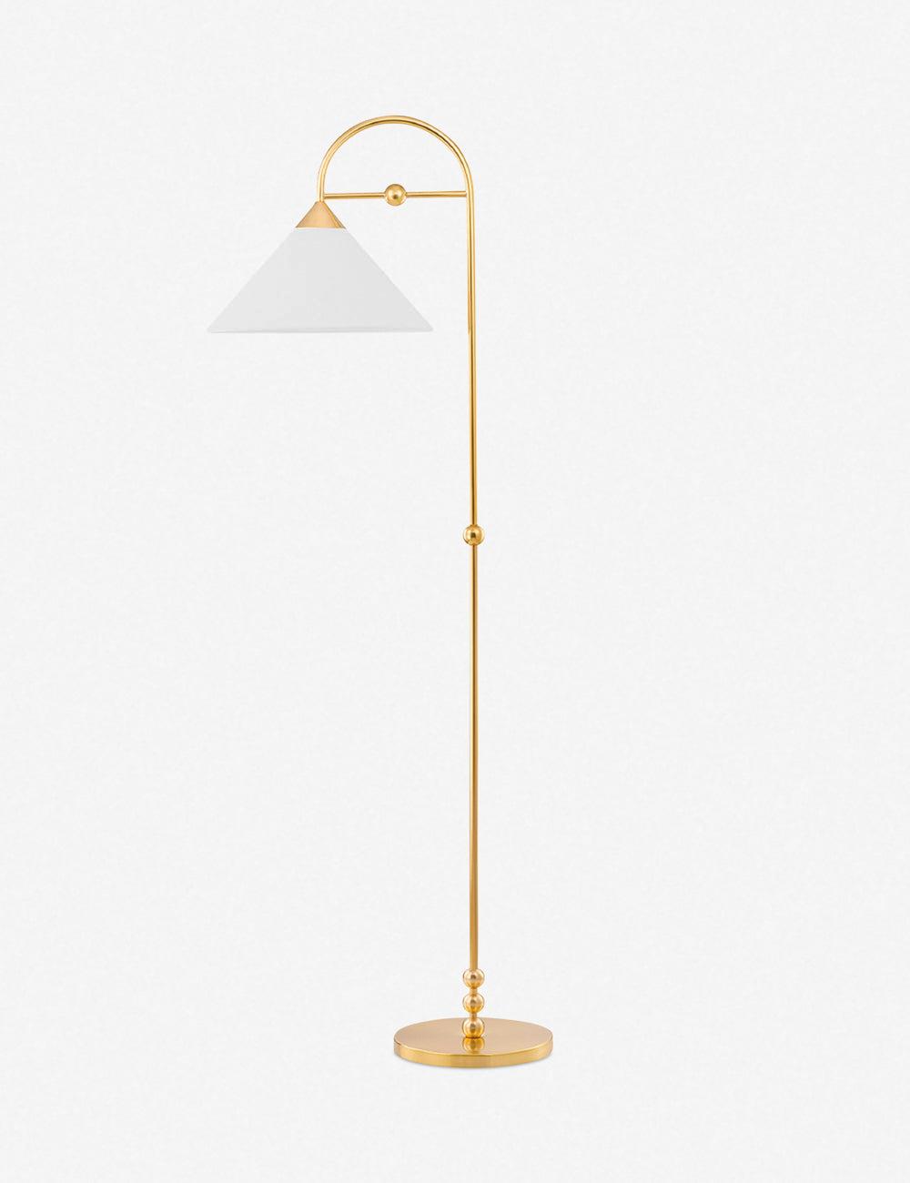 Talise Aged Brass Arc Floor Lamp with White Linen Shade