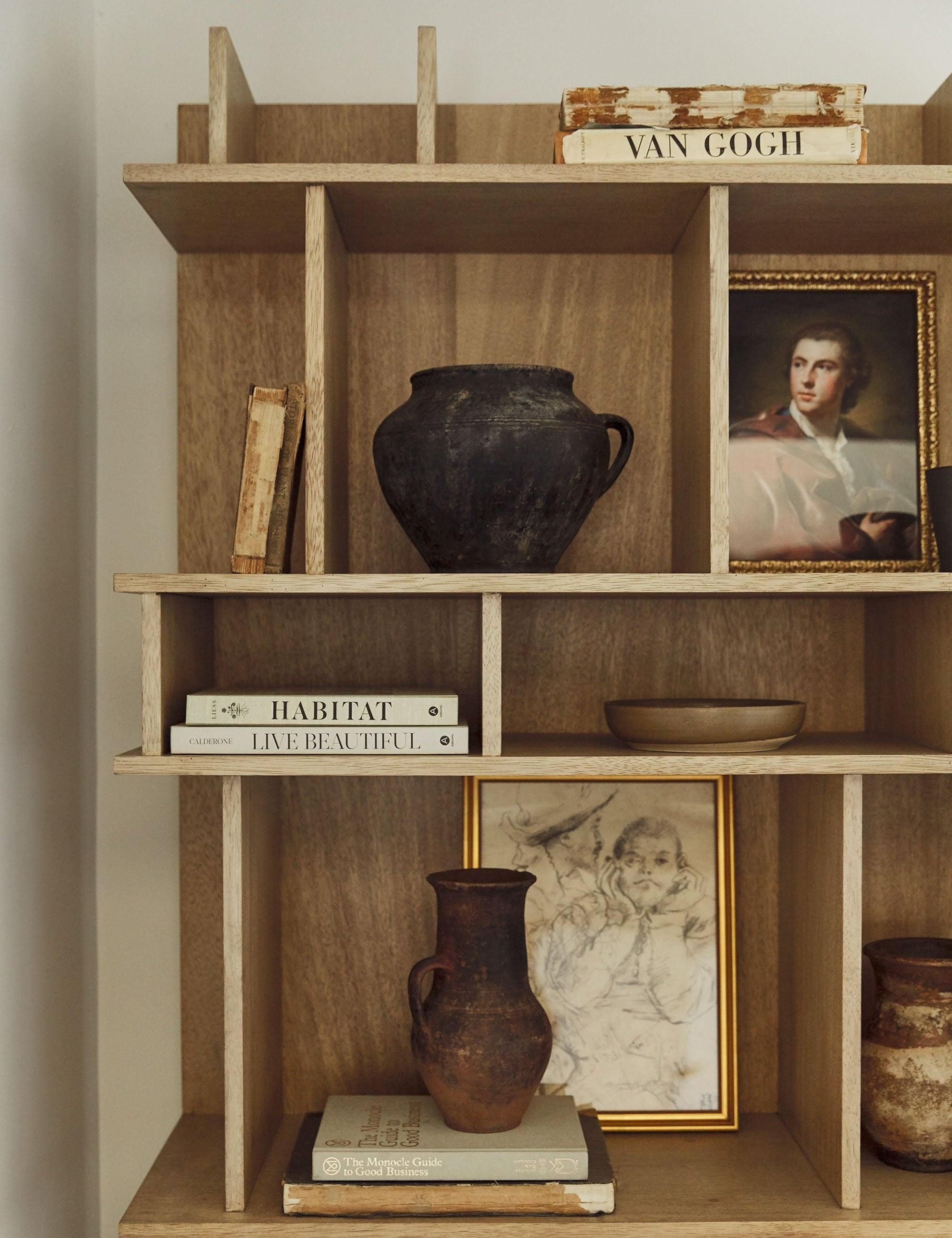 Rashi Mid-Century Rustic Walnut Bookcase with Geometric Cubes