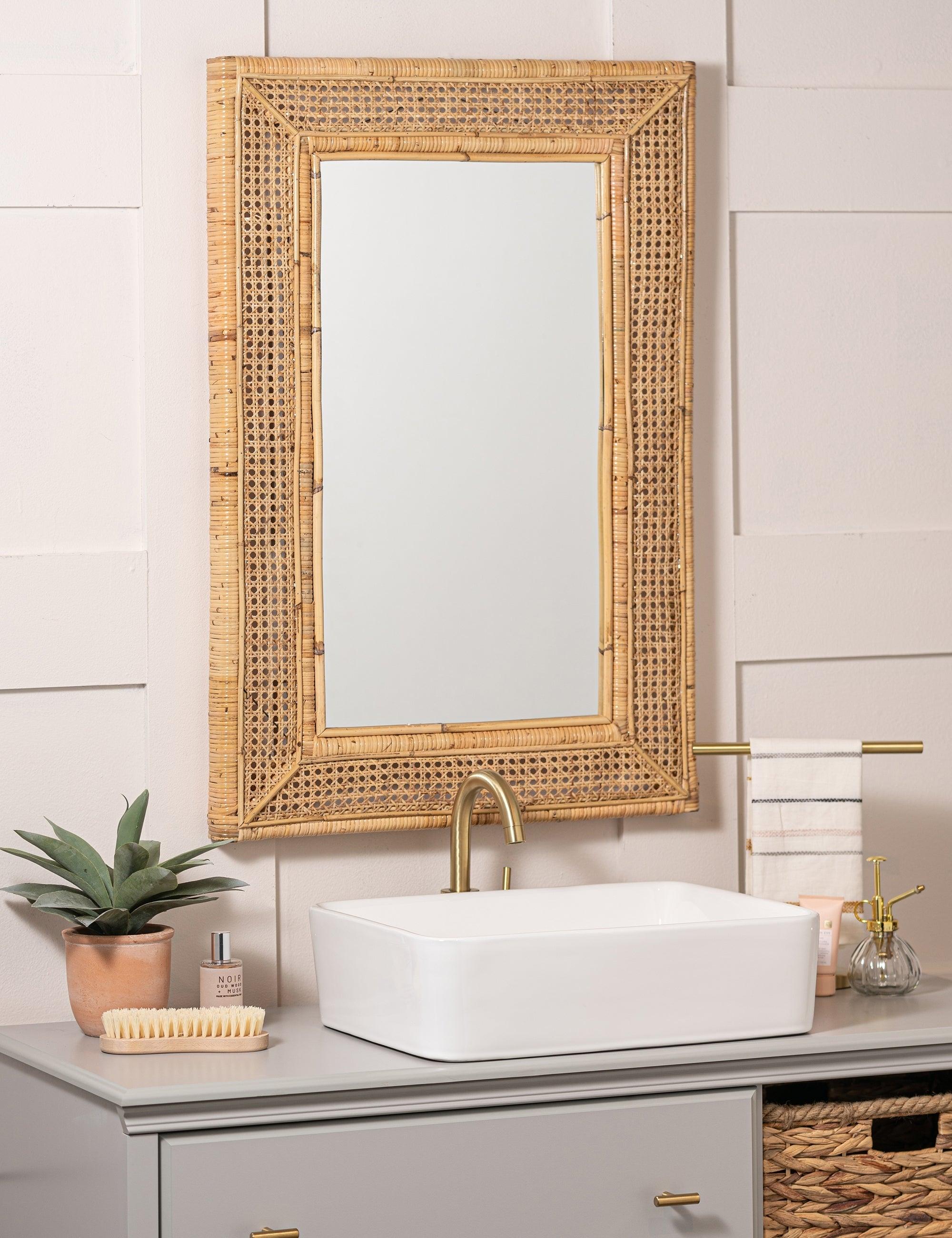 Jameson Rectangular Rattan and Gold Wall Mirror 36x24