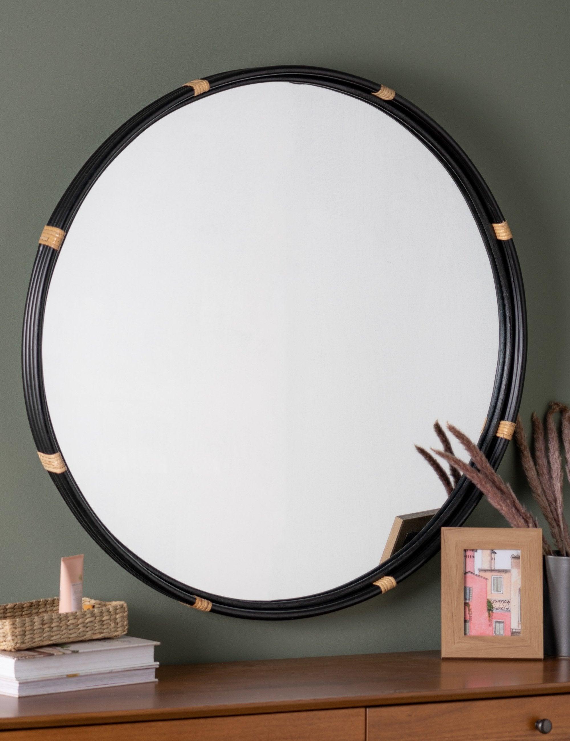 Evan 34.5'' Black Modern Industrial Round Wood Wall Mirror