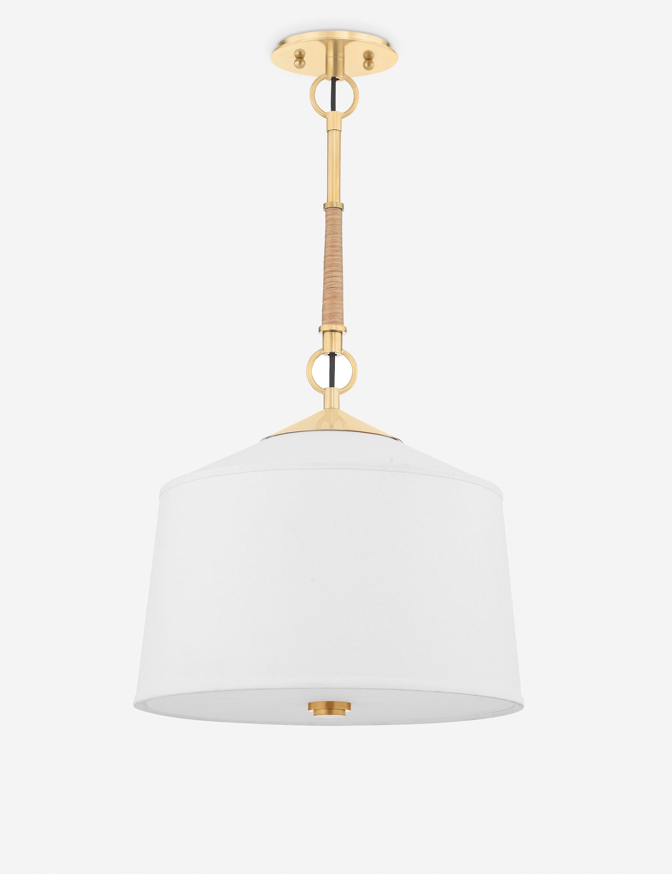 Aged Brass Elegance 14" Pendant with White Linen Shade