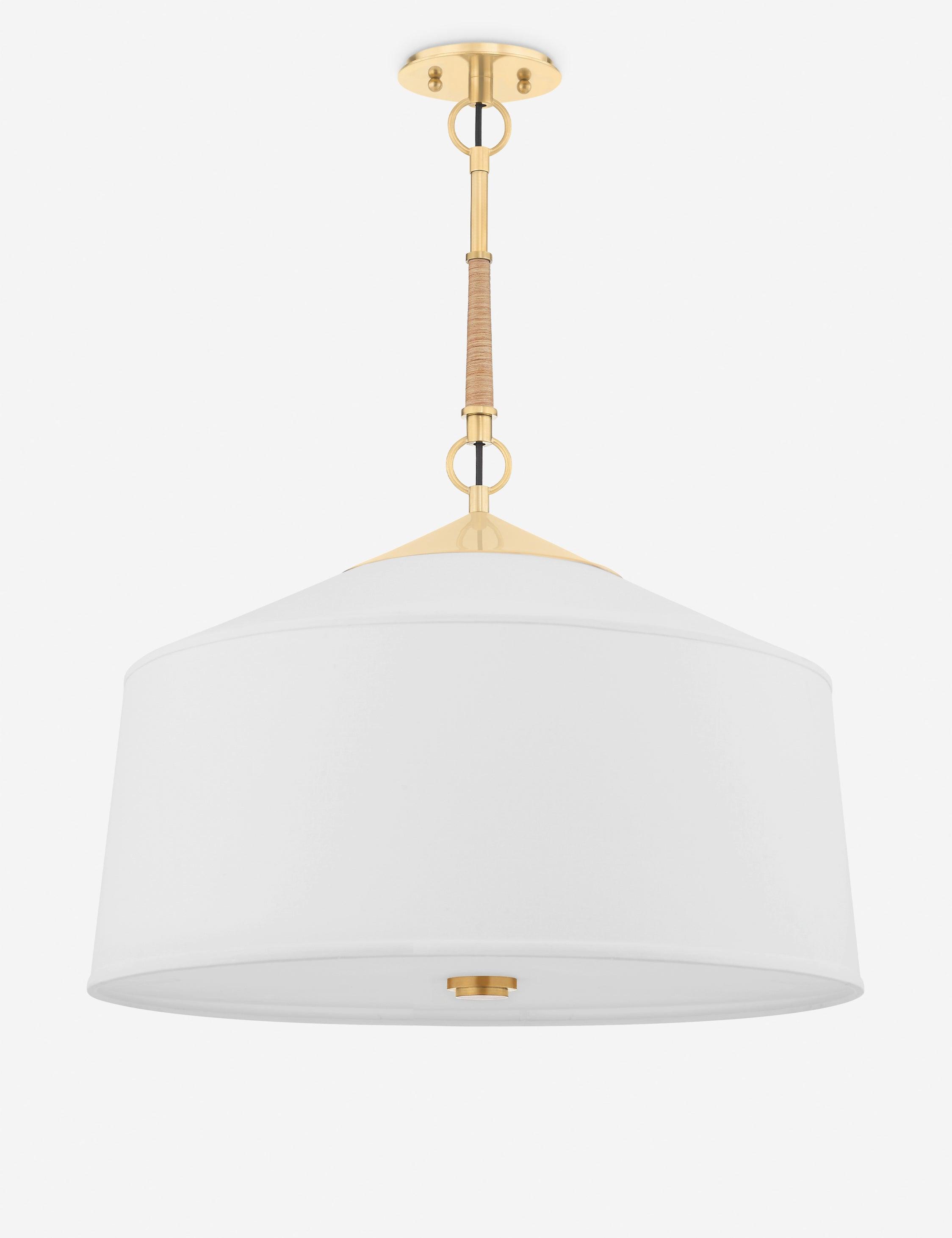 Aged Brass 3-Light Pendant with White Linen Shade and Rattan Accents