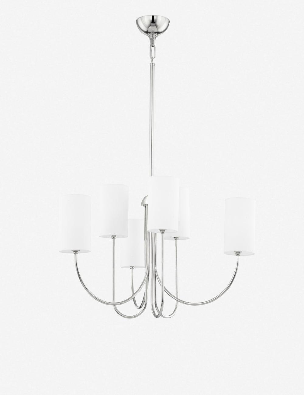 Elegant 6-Light Polished Nickel Chandelier with White Belgian Linen Shades