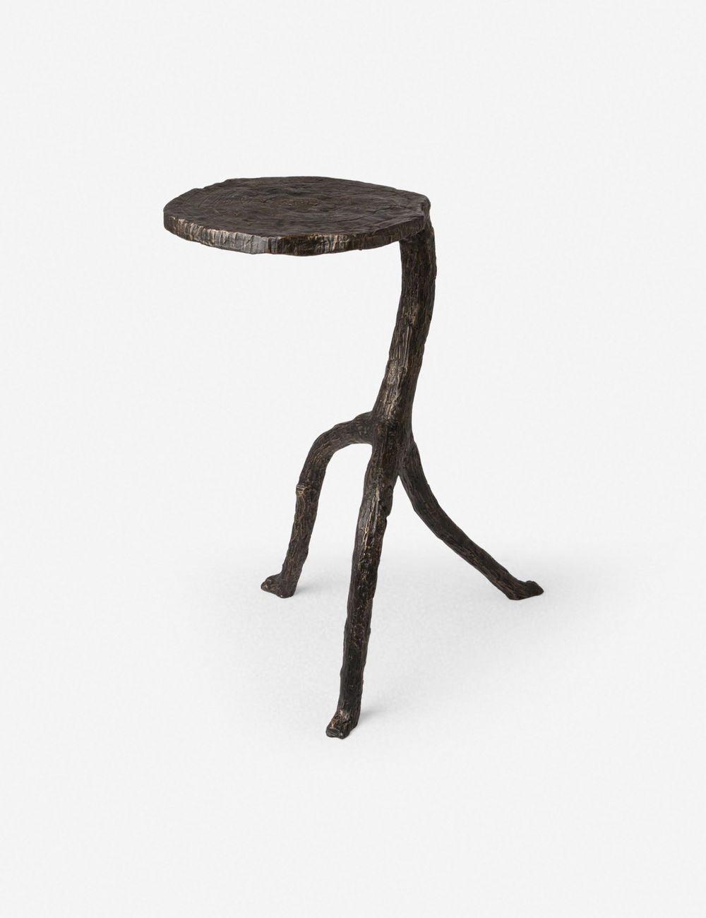 Whimsical Round Wood-Grain Cast Iron Side Table, Antique Bronze
