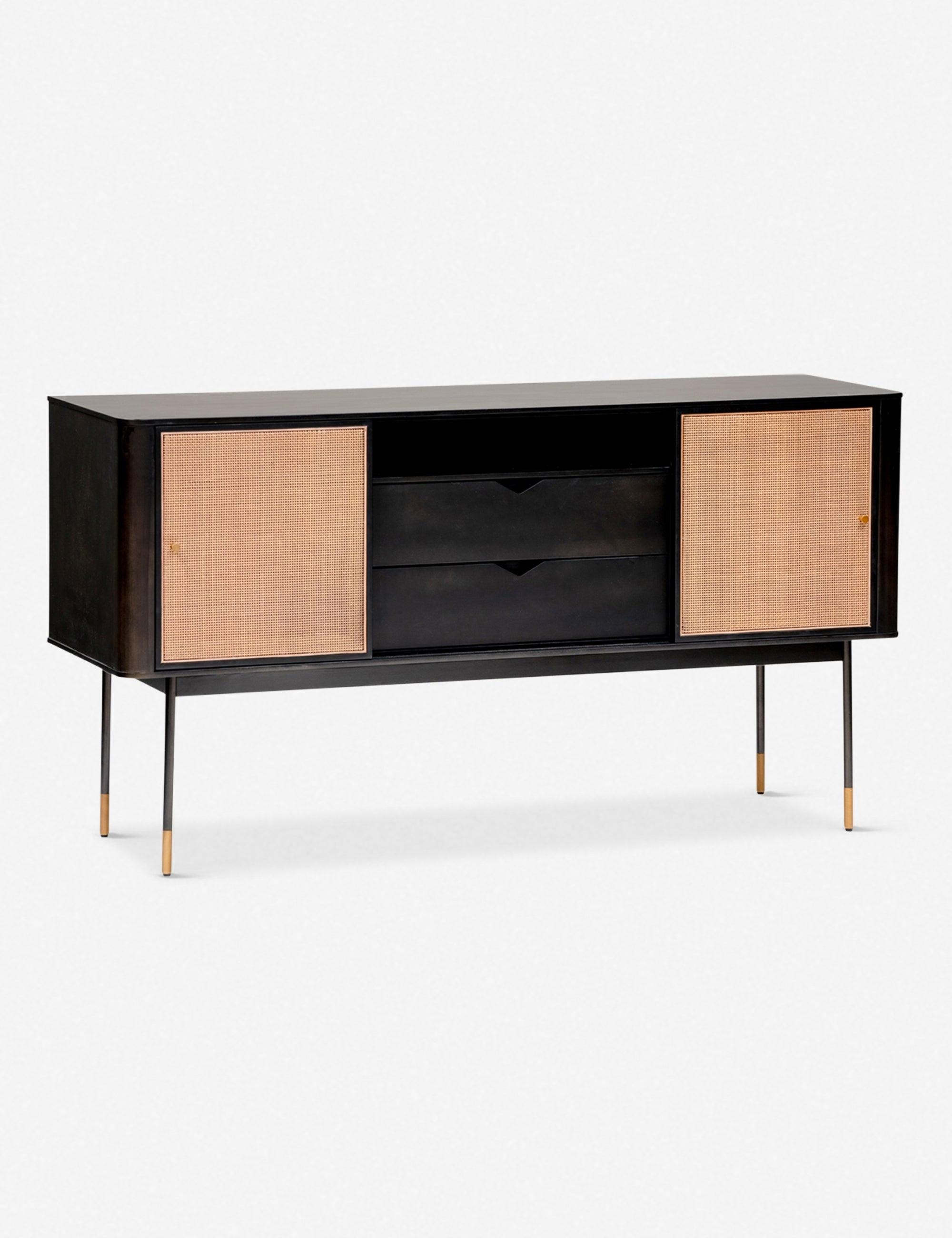 Miriam 59" Black Solid Wood and Steel Sideboard with Wicker Doors