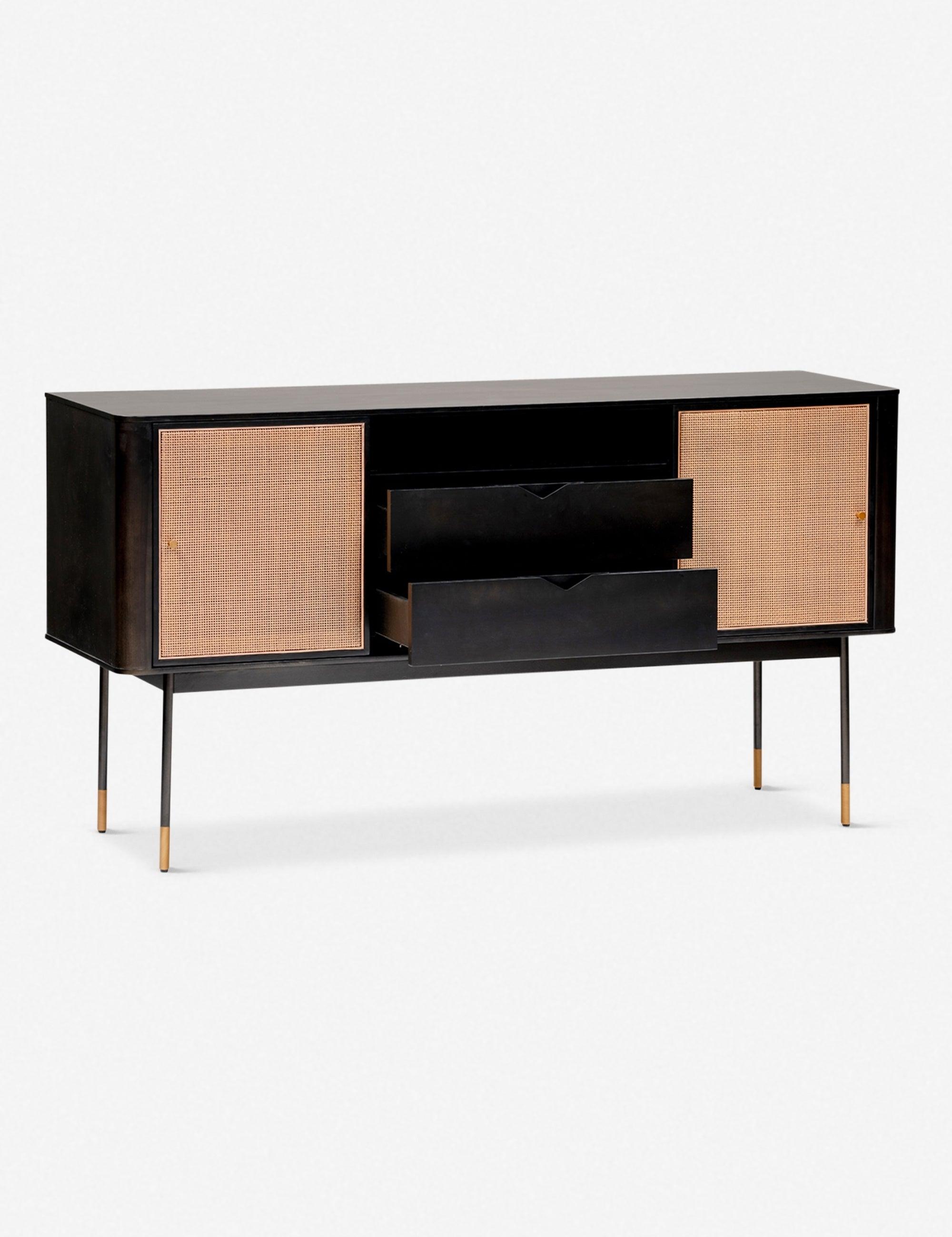 Miriam 59" Black Solid Wood and Steel Sideboard with Wicker Doors