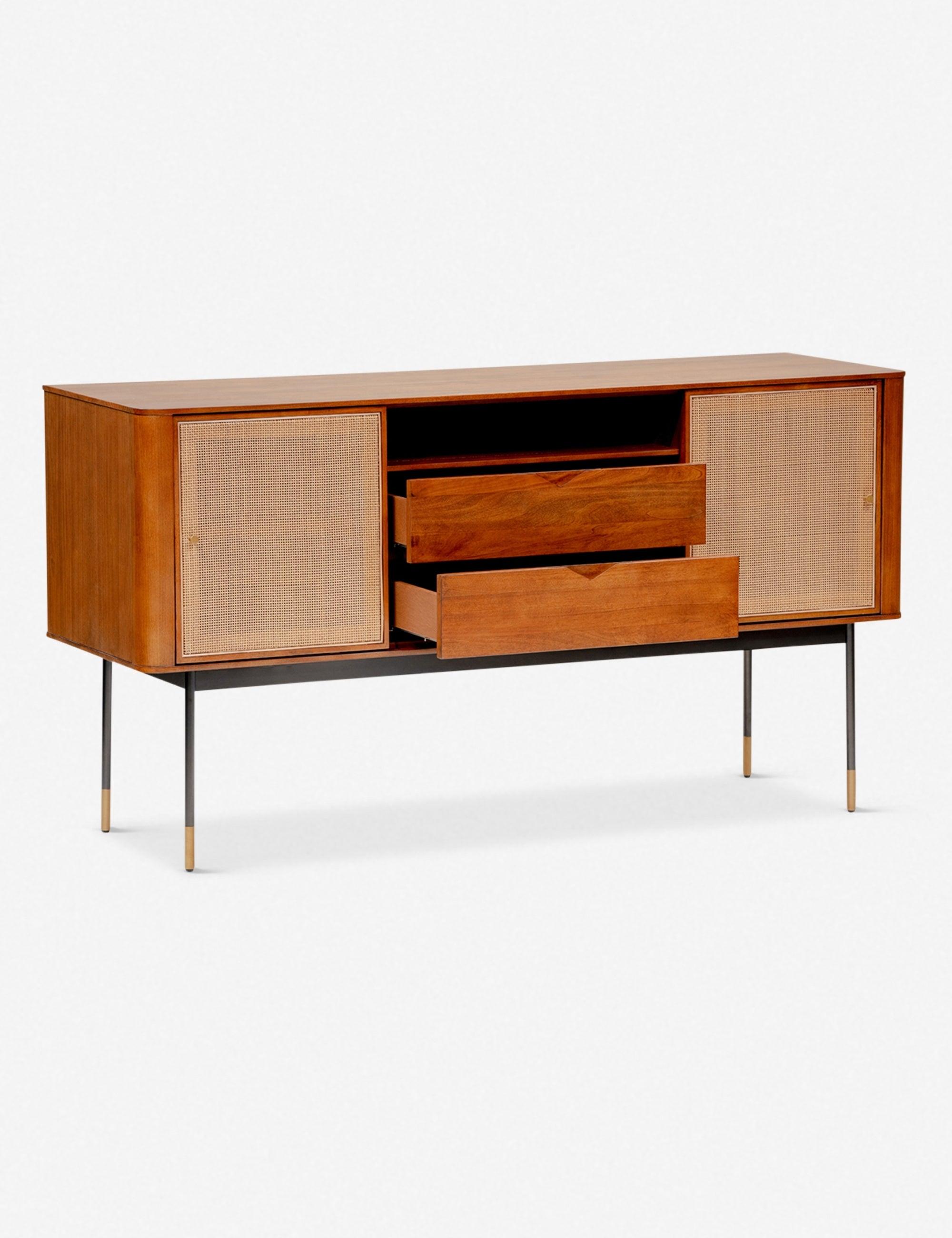 Zennie 60'' Mid-Century Brown Sideboard with Wicker Doors and Brass Accents