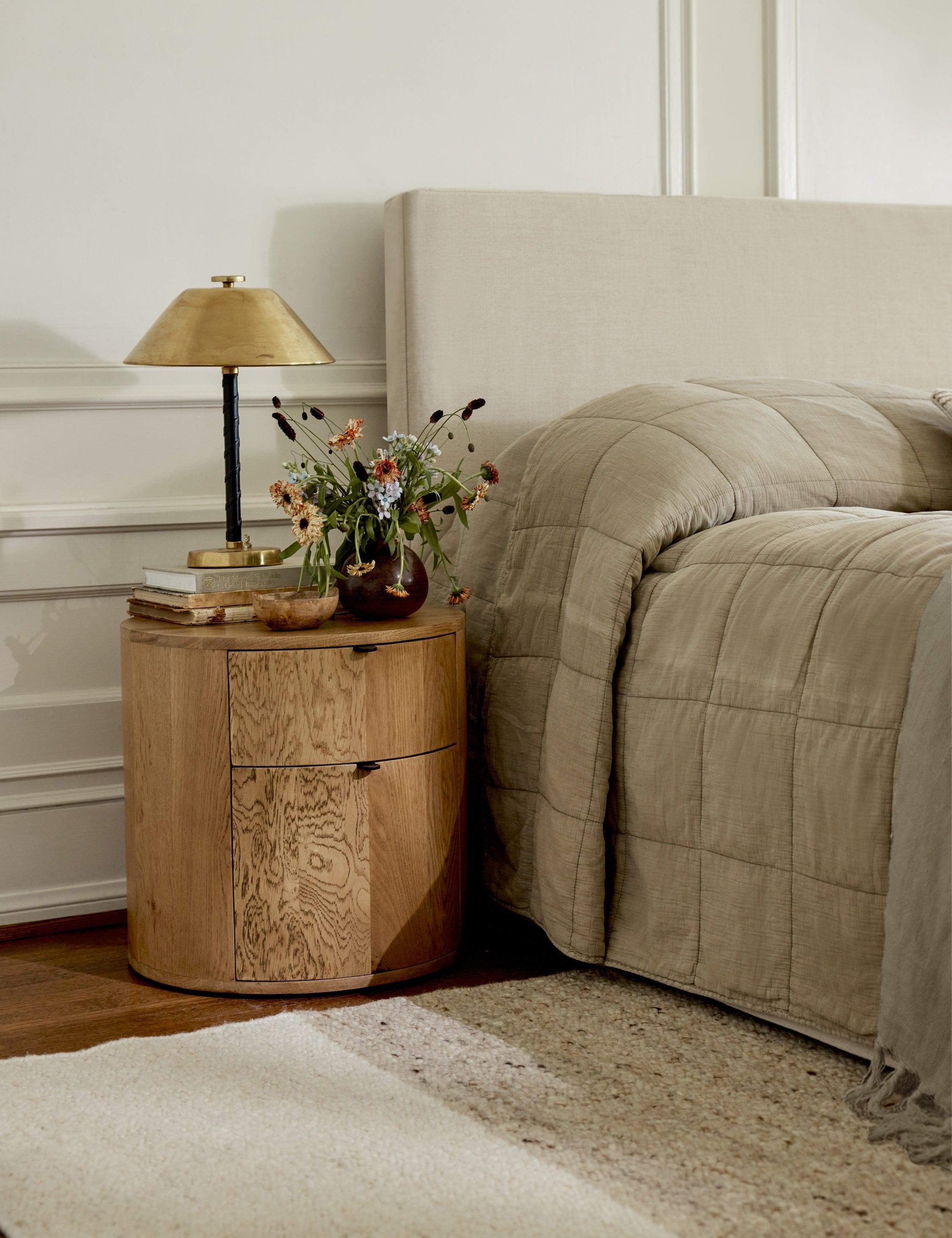 Scandinavian Solid Oak 2-Drawer Round Nightstand in Natural Brown