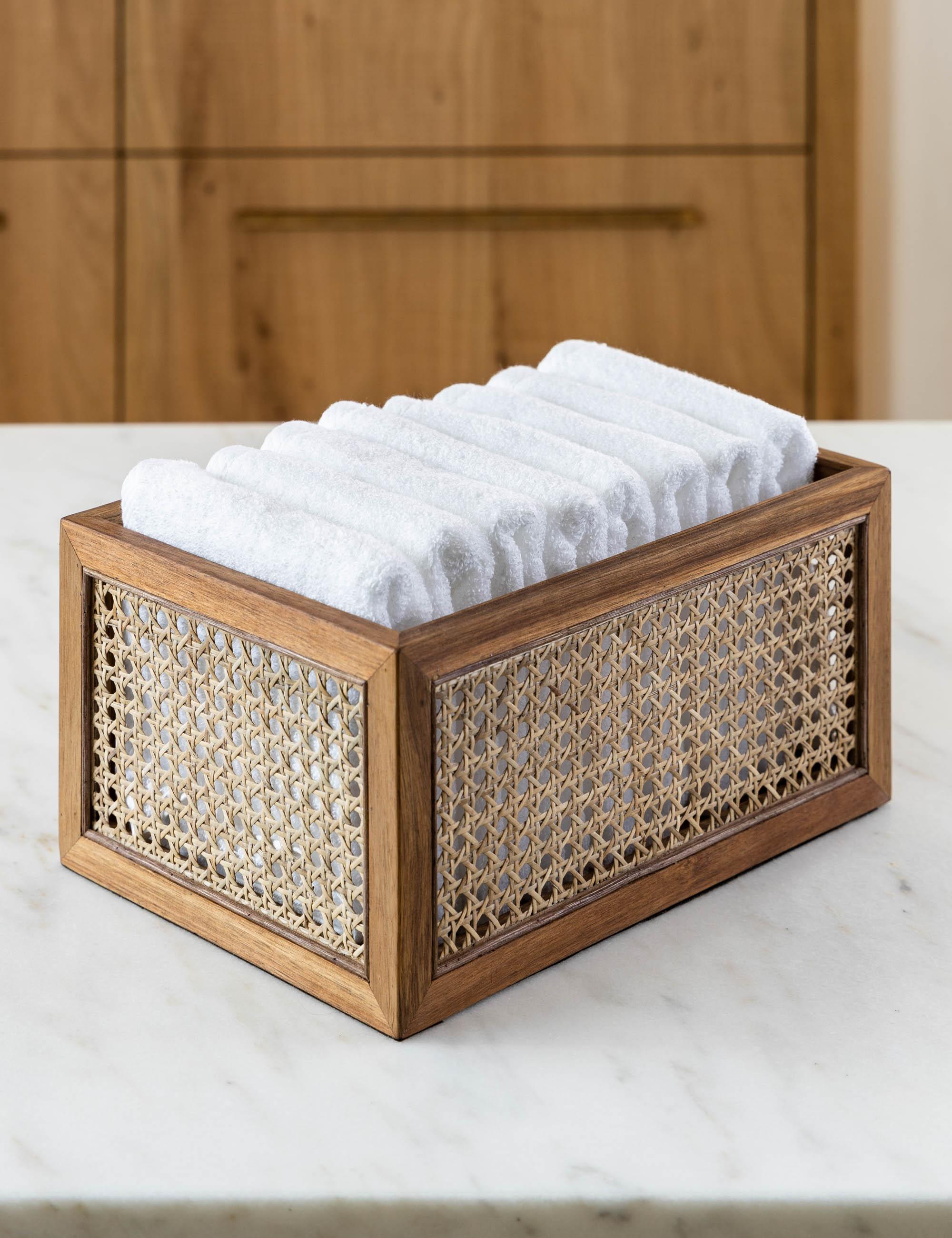 Acacia Wood and Rattan Cane 10" Storage Bin with Felt Bottom