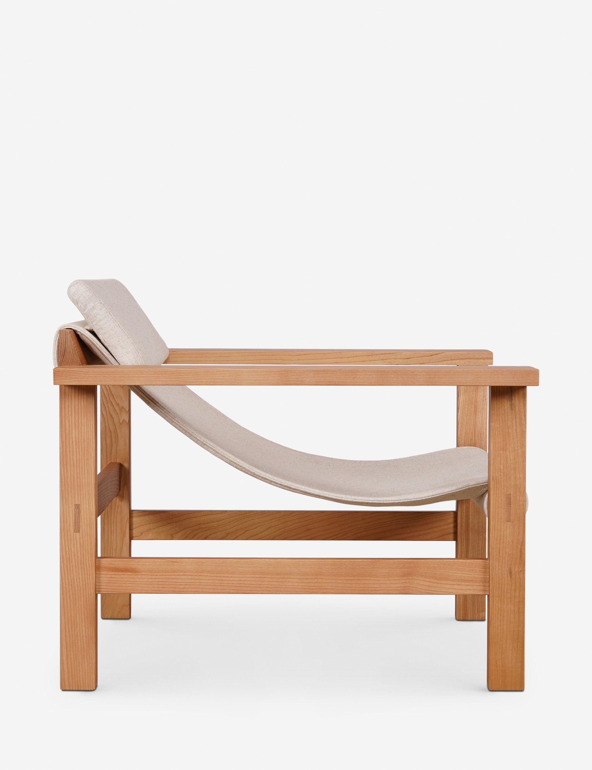 Sustainably Sourced Beige Linen & Wood Lounge Chair