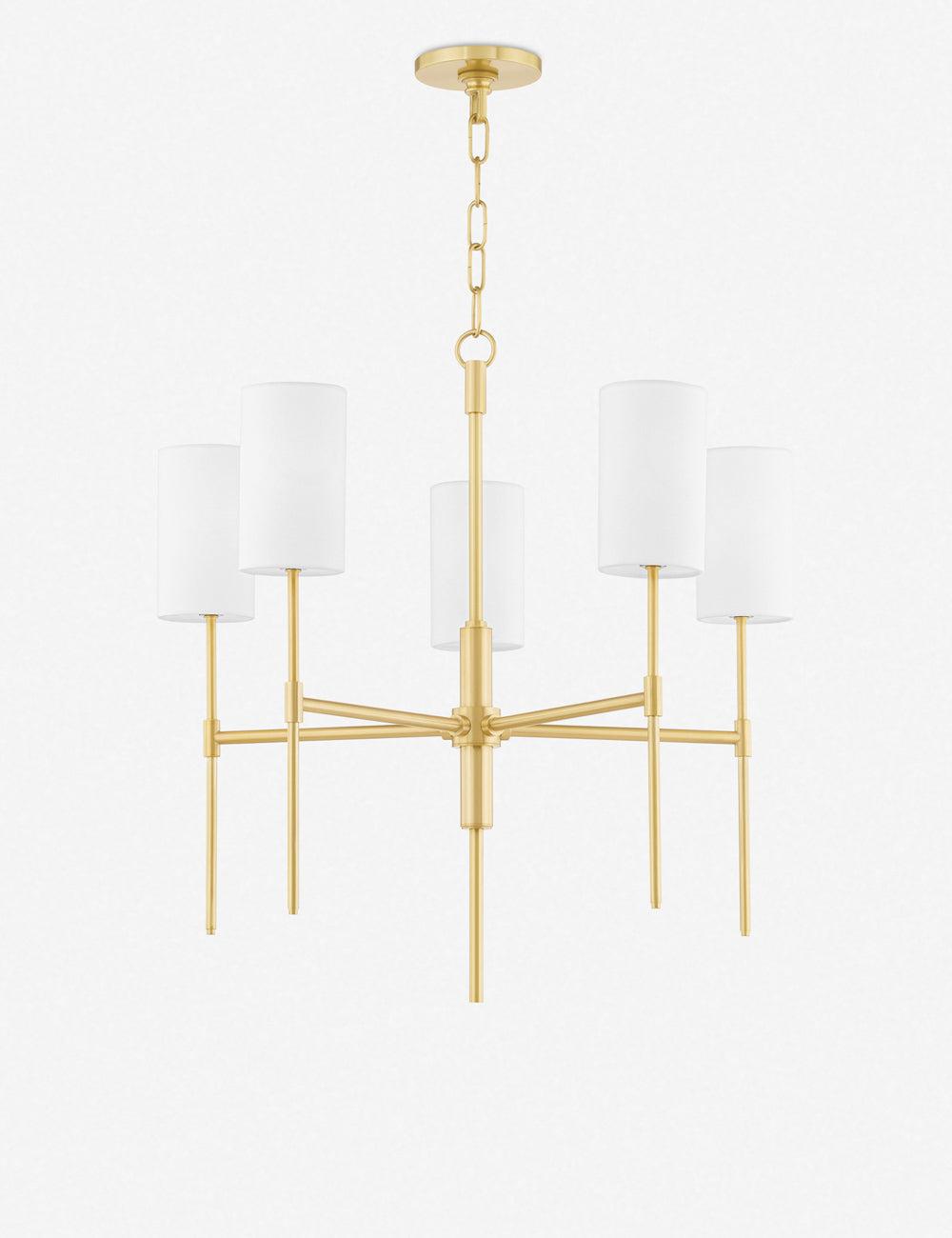 Elegant Aged Brass 5-Light Chandelier with Belgian Linen Shades