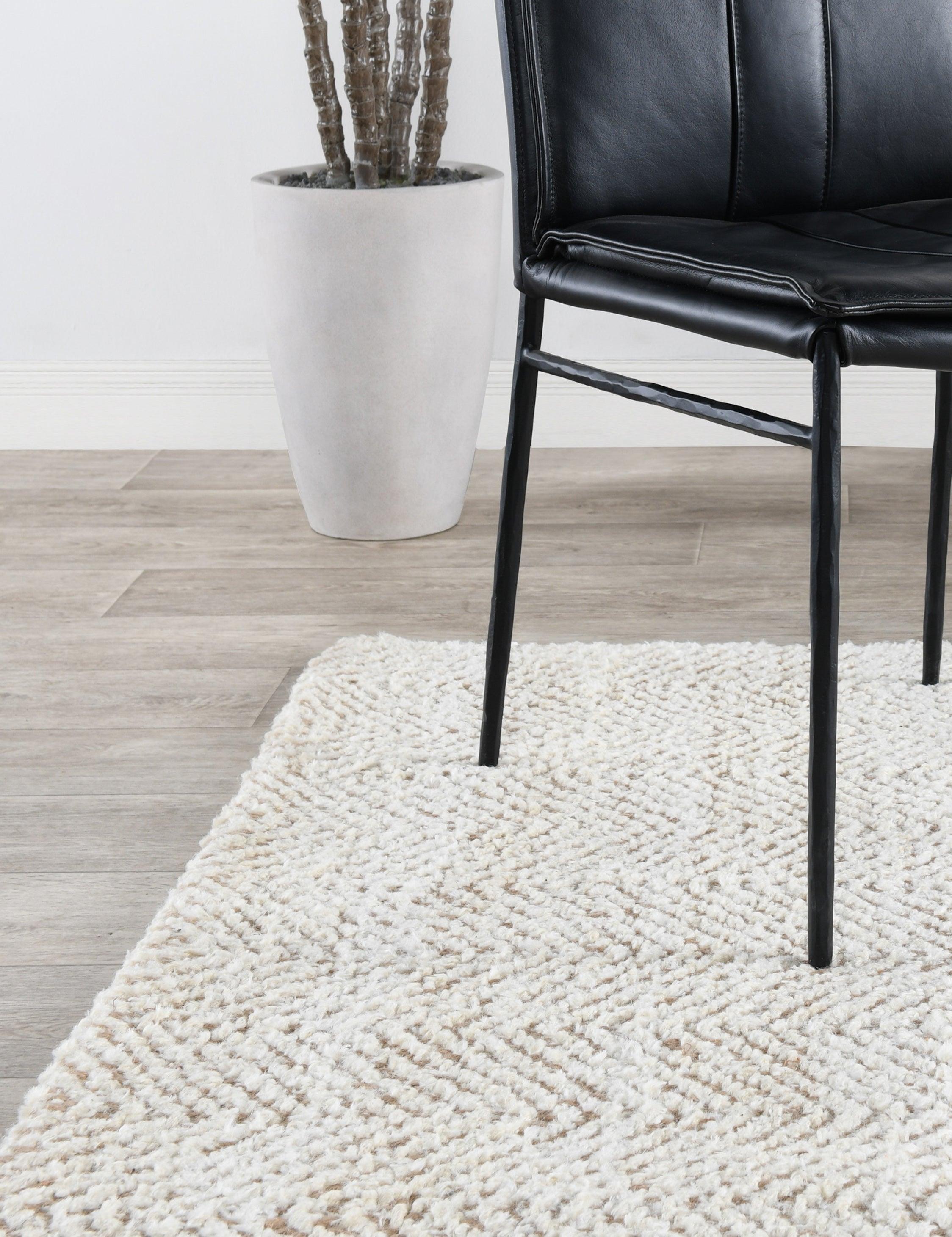 Ivory Herringbone Handwoven Wool Area Rug 5' x 8'